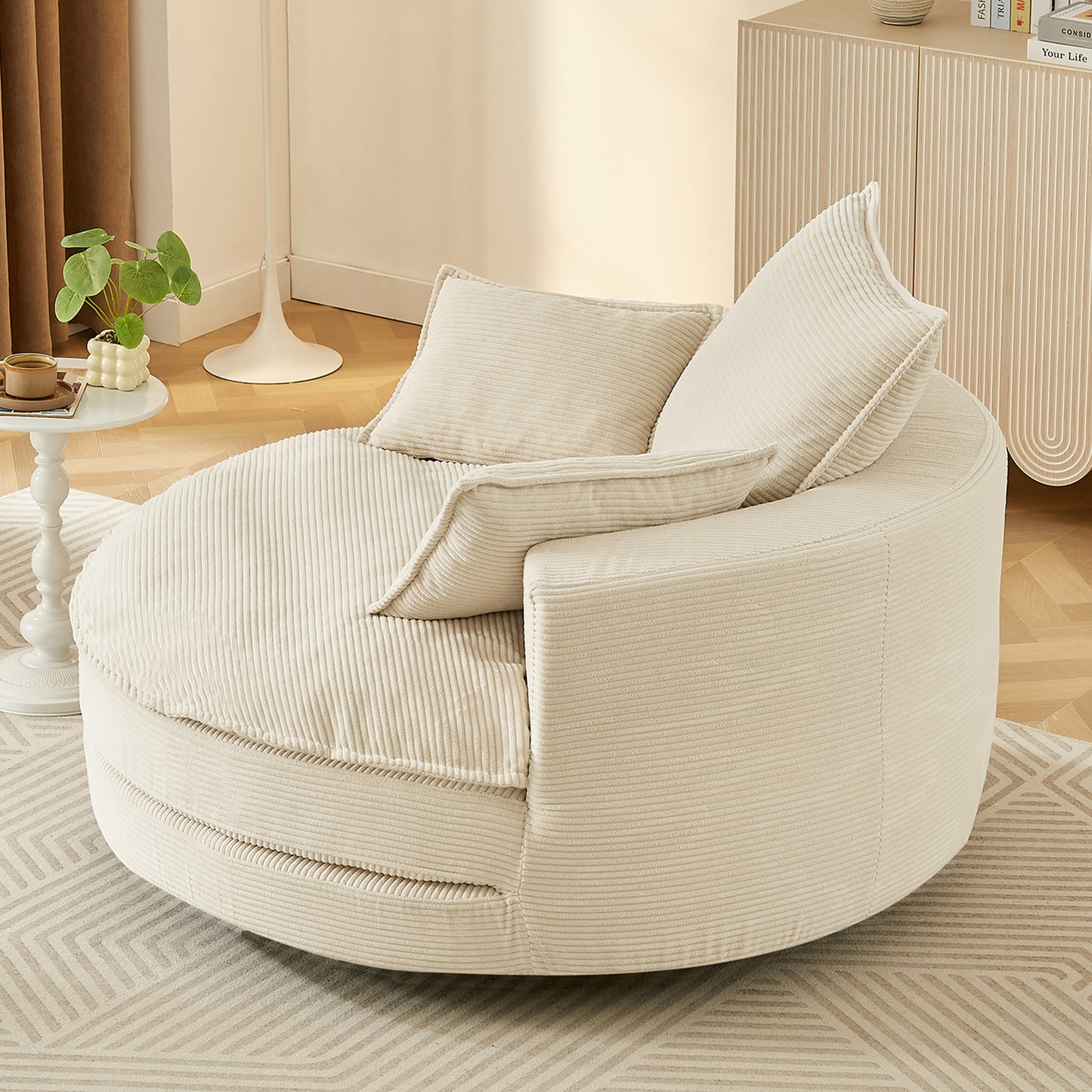 Oversized 360° Swivel Accent Chair with Dual-Layer Cushion - Beige