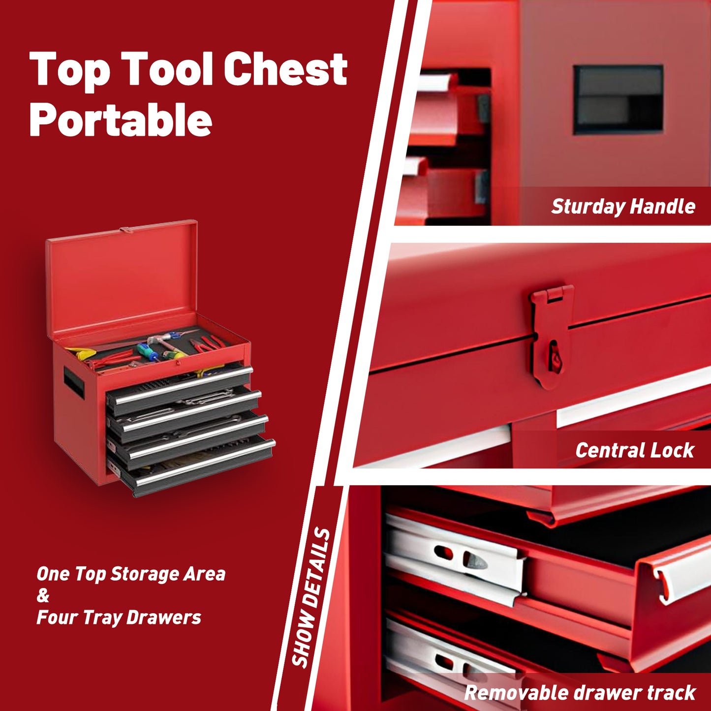 Tool Chest, 5-Drawer Rolling Storage Cabinet With Detachable Top Box,