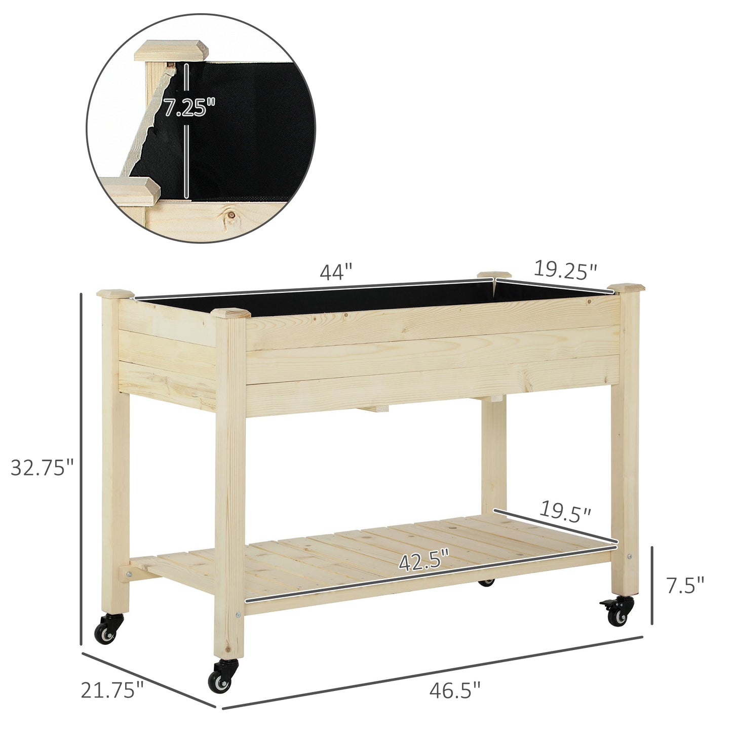 Raised Garden Bed with Lockable Wheels 47x22x33 Inches Wooden Planter Box