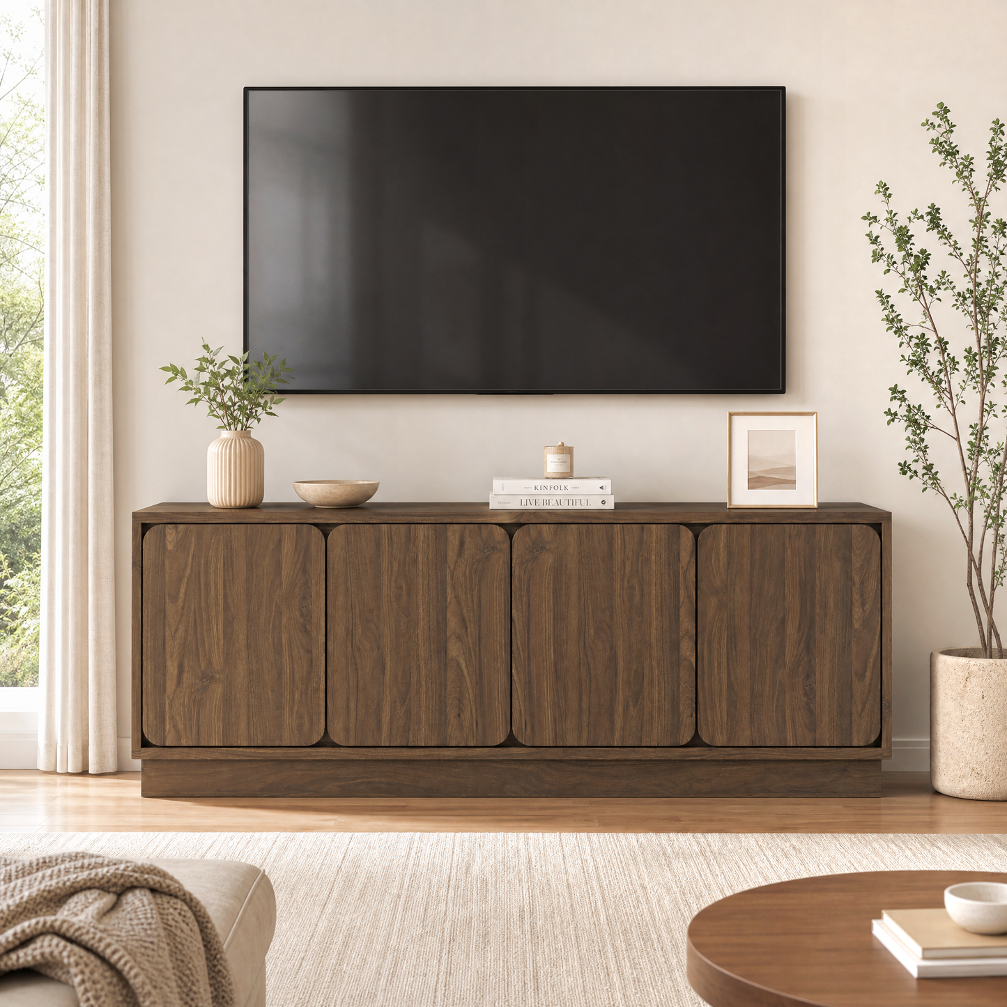 63 Inch Walnut TV Stand with 4 Storage Doors - Modern Media Console