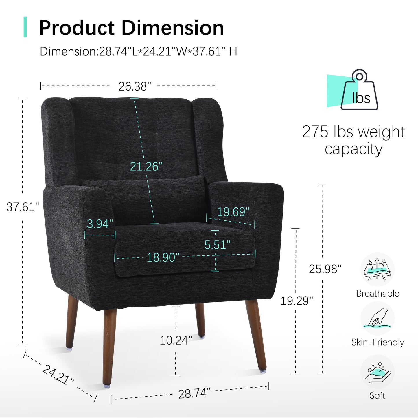 Modern Chenille Accent Chair with Throw Pillow - Black