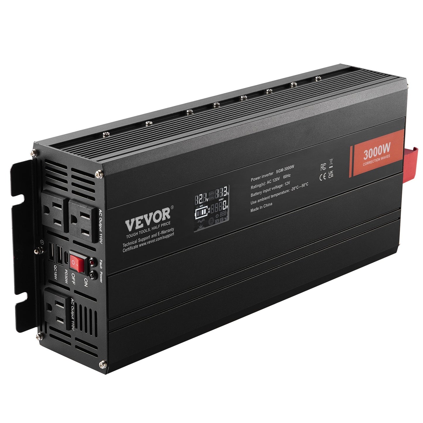 3000W Modified Sine Wave Power Inverter with 3 AC Outlets USB Type-C for Household Use