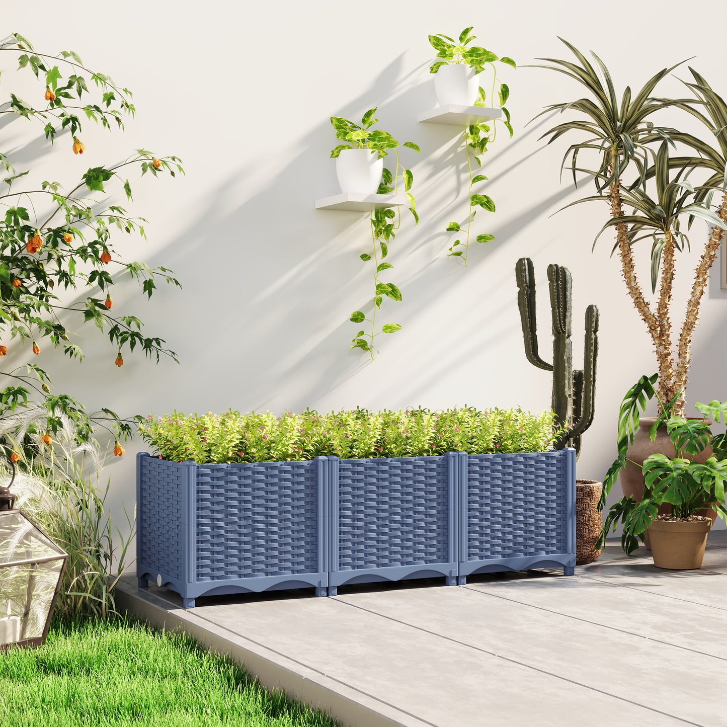 Plastic Raised Garden Bed 4x1x1 ft Outdoor Flower Box with Drainage - Blue