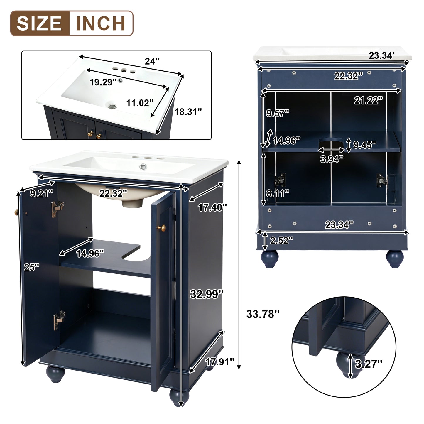 24-Inch Blue Bathroom Vanity Cabinet with Ceramic Sink