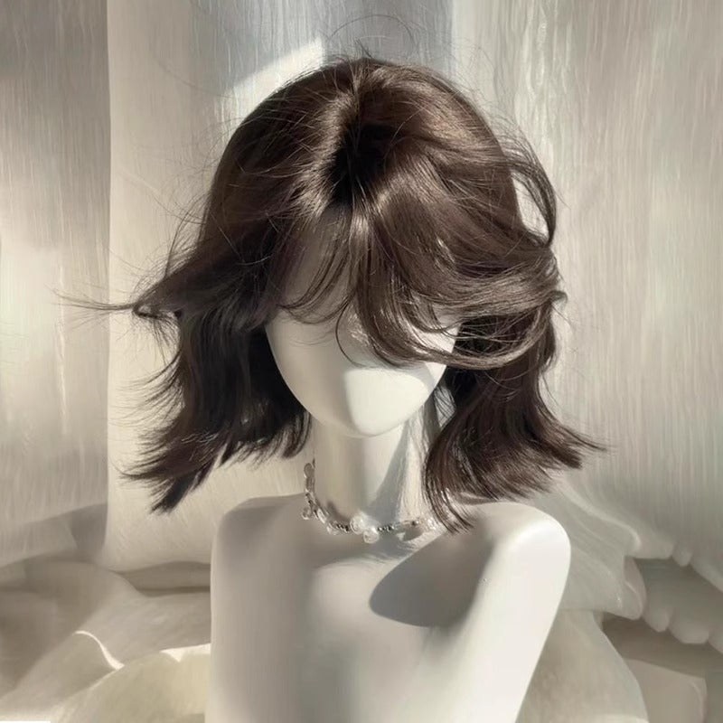 Lightly Curled Synthetic Wig Set with Blunt Bangs - Natural Look for Women