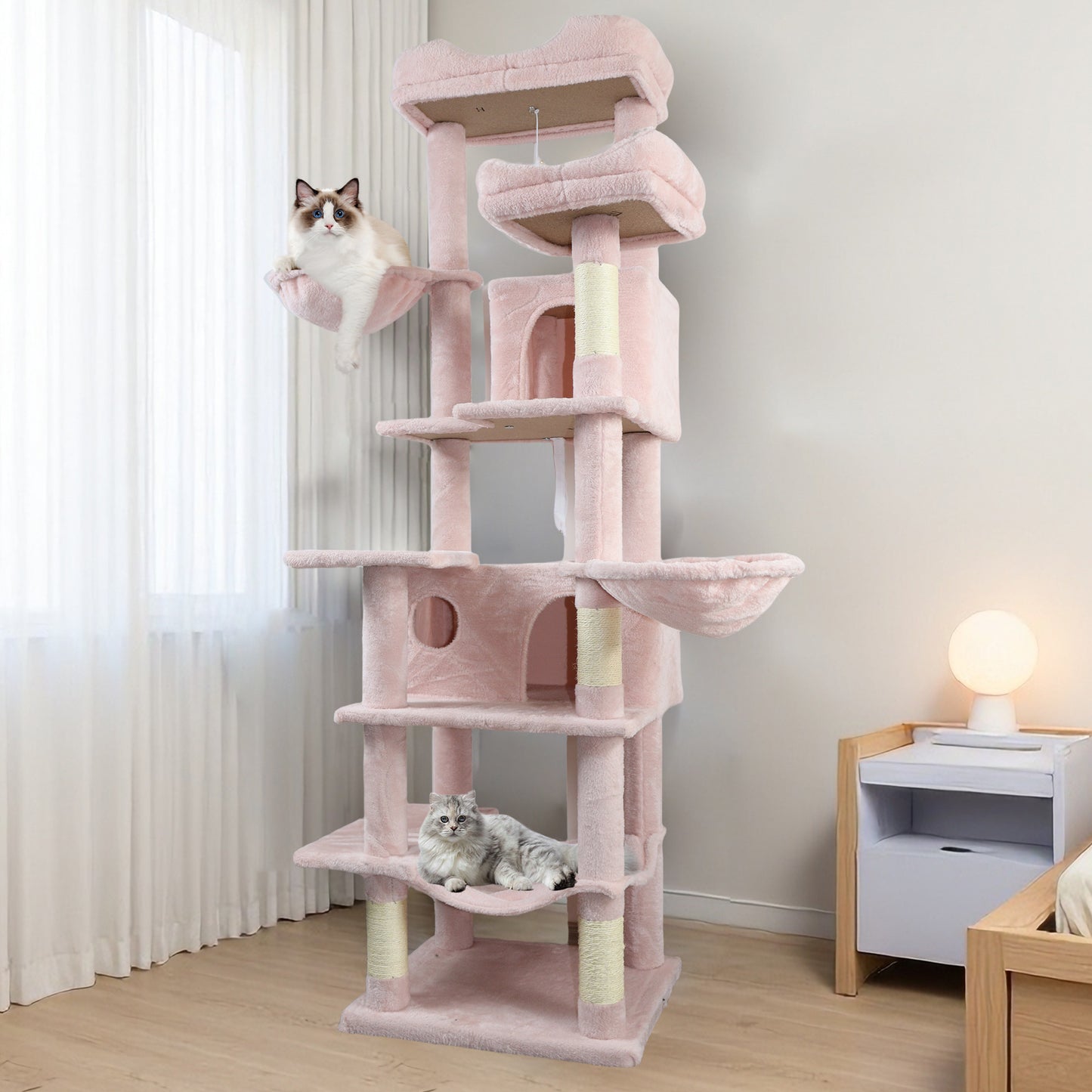Pink Multi-Level Cat Tree with Hammocks, Scratching Posts & Hideaways - 68in Tall