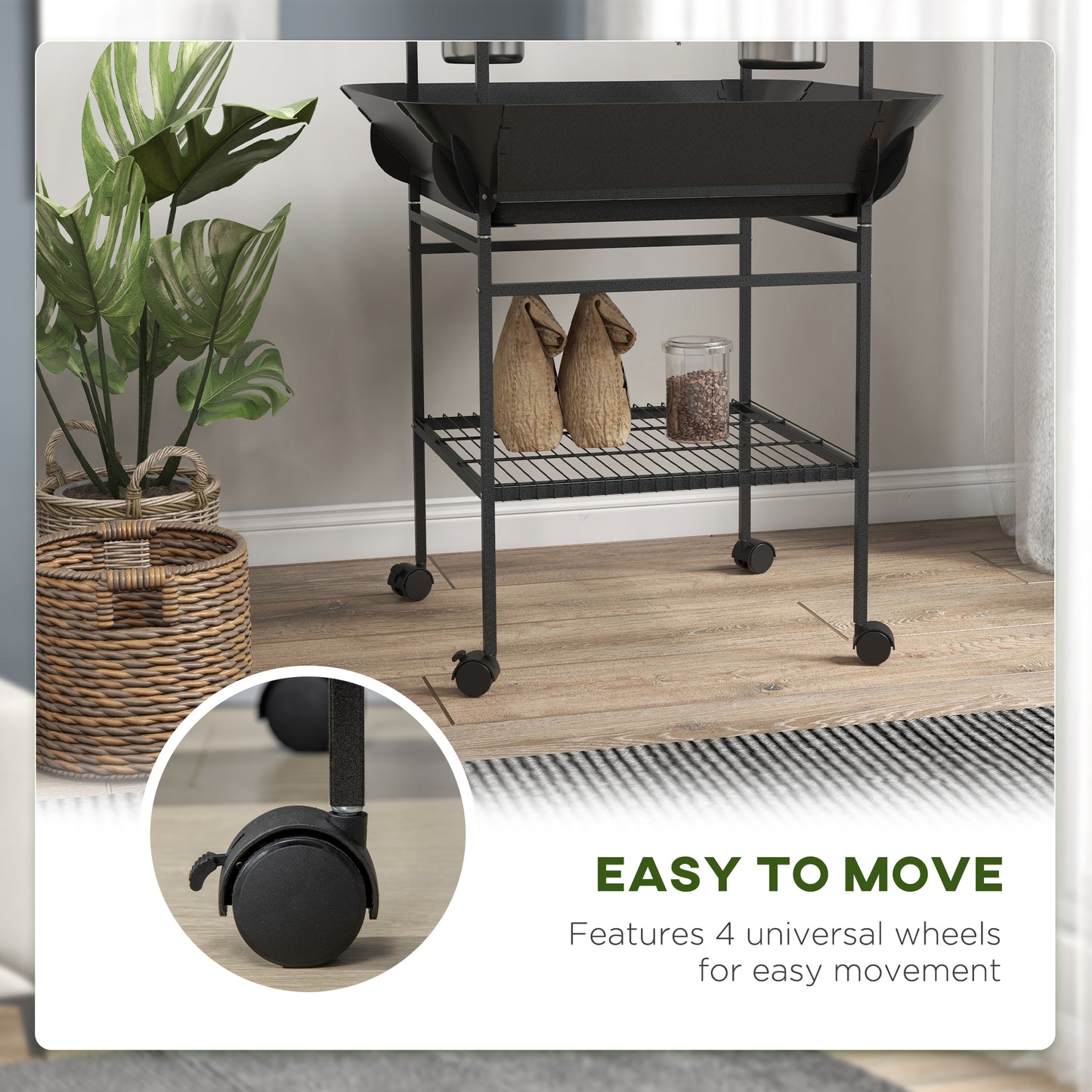 Indoor Outdoor Bird Stand with Wheels, Stainless Steel Feed Bowls & Perches - Gray