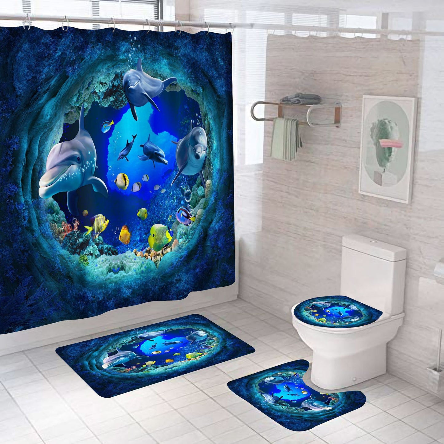 Bathroom Shower Curtain and Floor Mat Set Ocean World Printing - 4 Piece