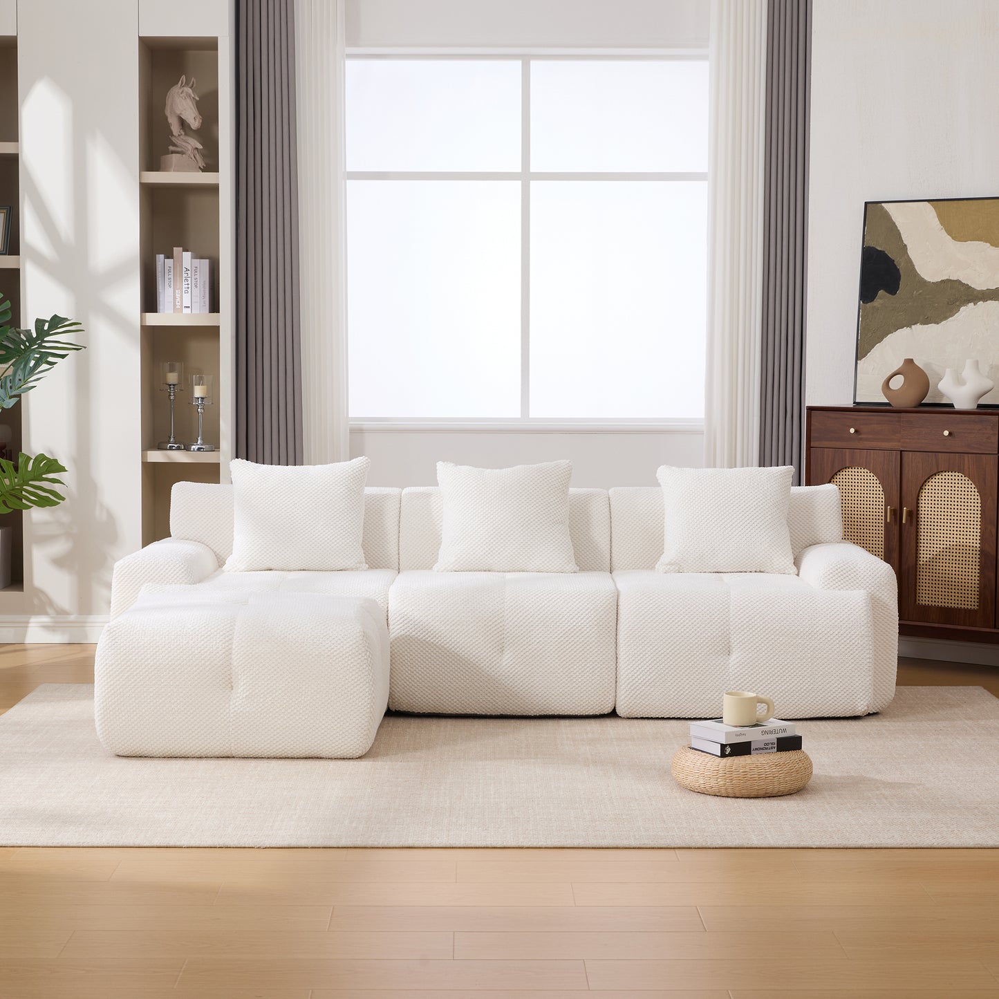 L-Shaped Modular Sectional Sofa Set - Ivory 4-Piece Couch with Ottoman