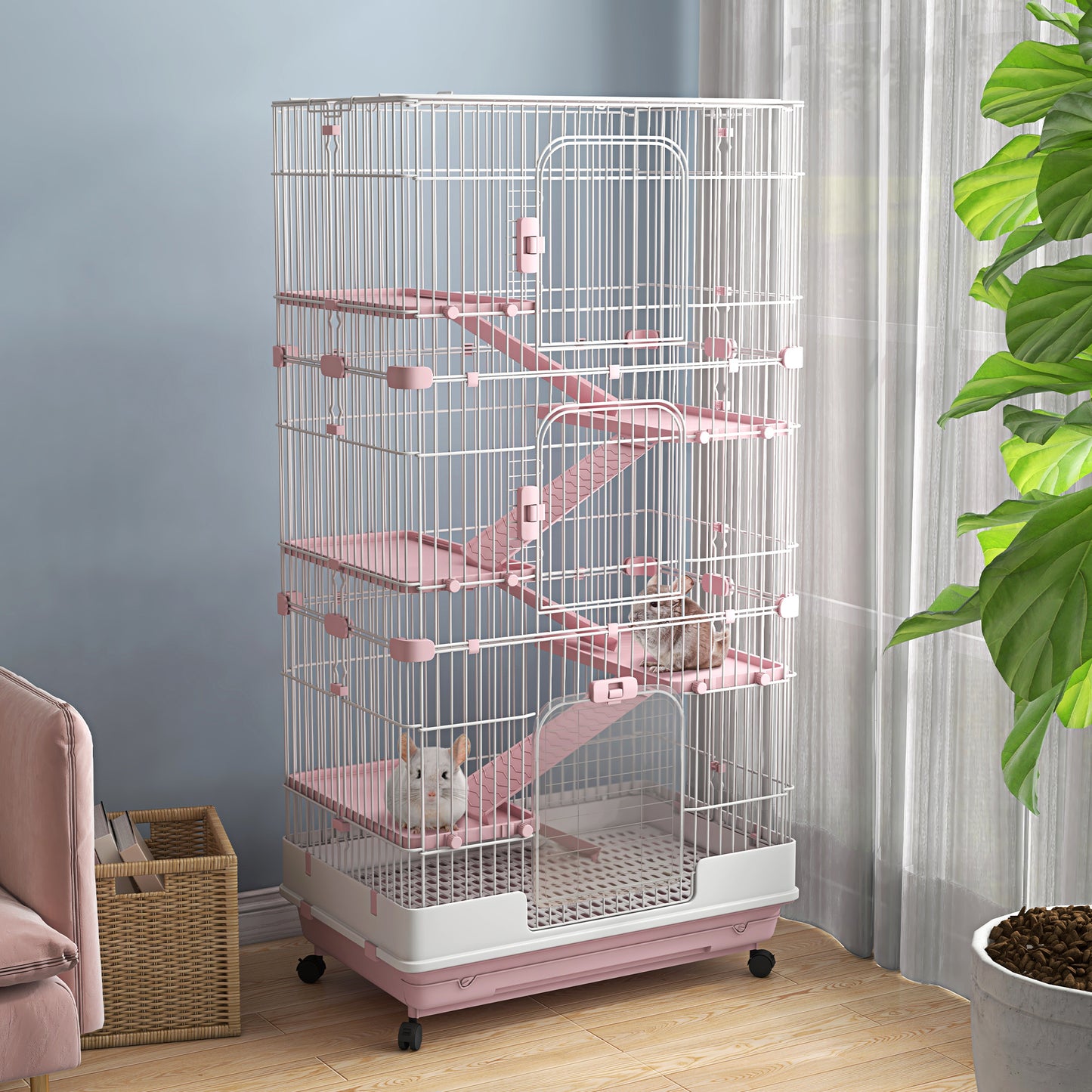 Small Animal Cage 32 Inch 6-Level Bunny Hutch with Lockable Wheels & Slide-Out Tray - Pink