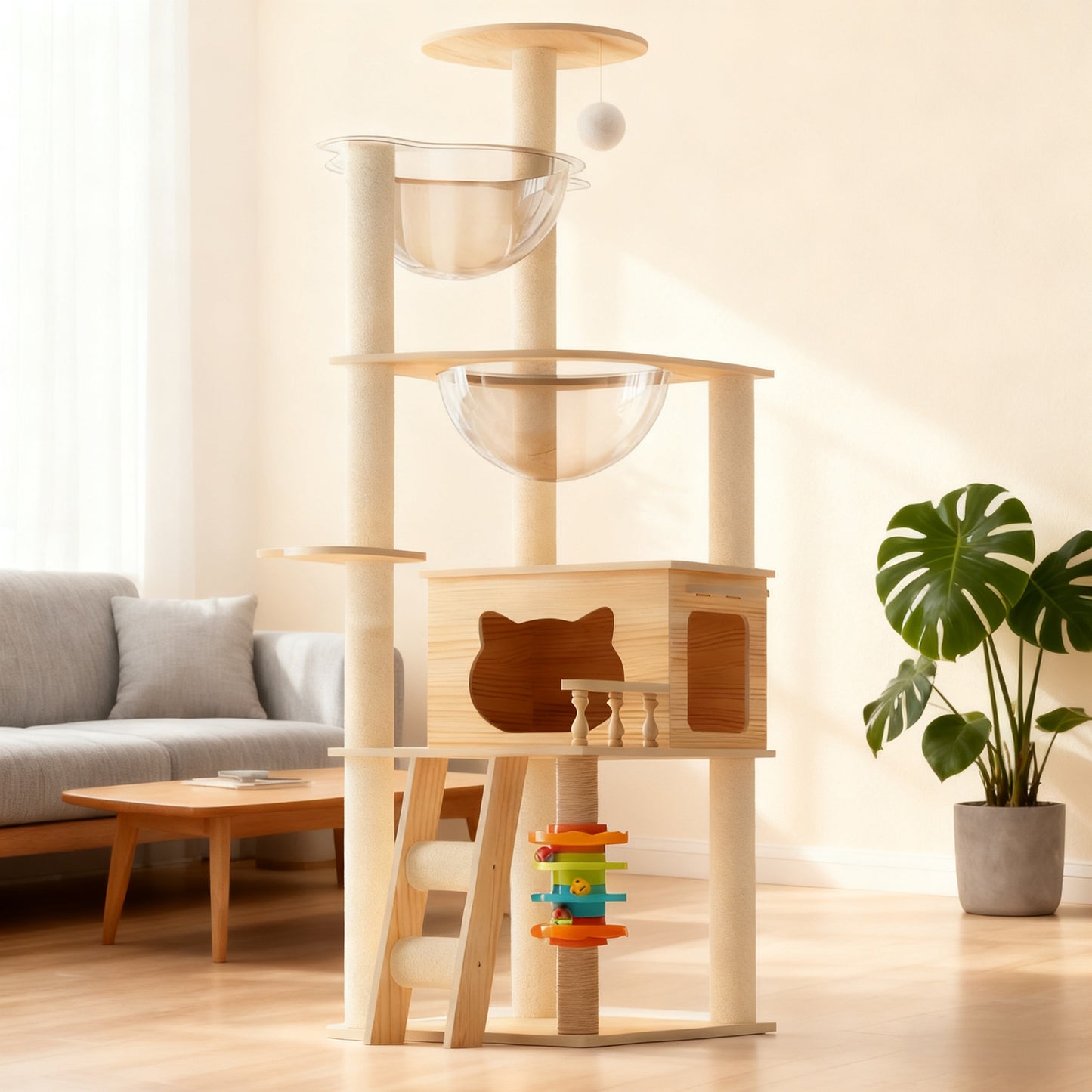 59-Inch Modern Wooden Cat Tower with Sisal Scratching Posts, Top Perch & Acrylic Hammock