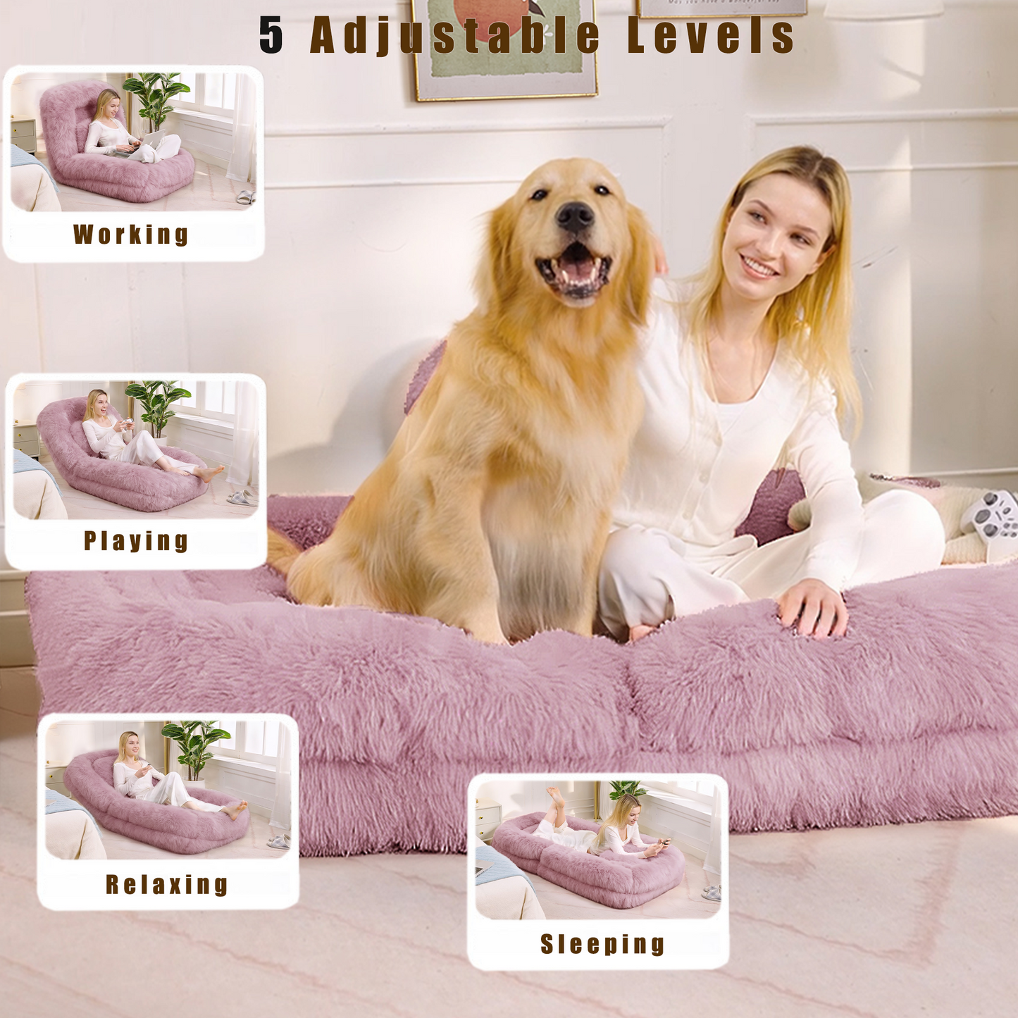 Adjustable Lazy Sofa Bed - Plush Fabric, Pink