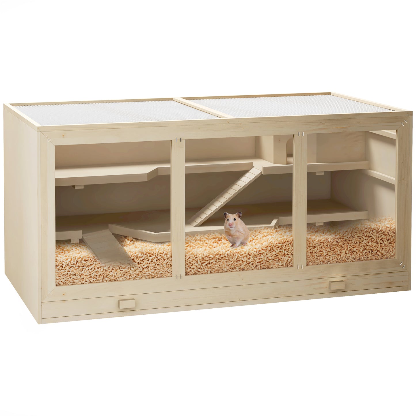45-Inch Large Wooden Hamster Cage with Multi-Level Design & PVC Windows