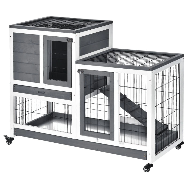 Wooden Rabbit Hutch with Enclosed Run & Wheels - Indoor Small Animal Cage