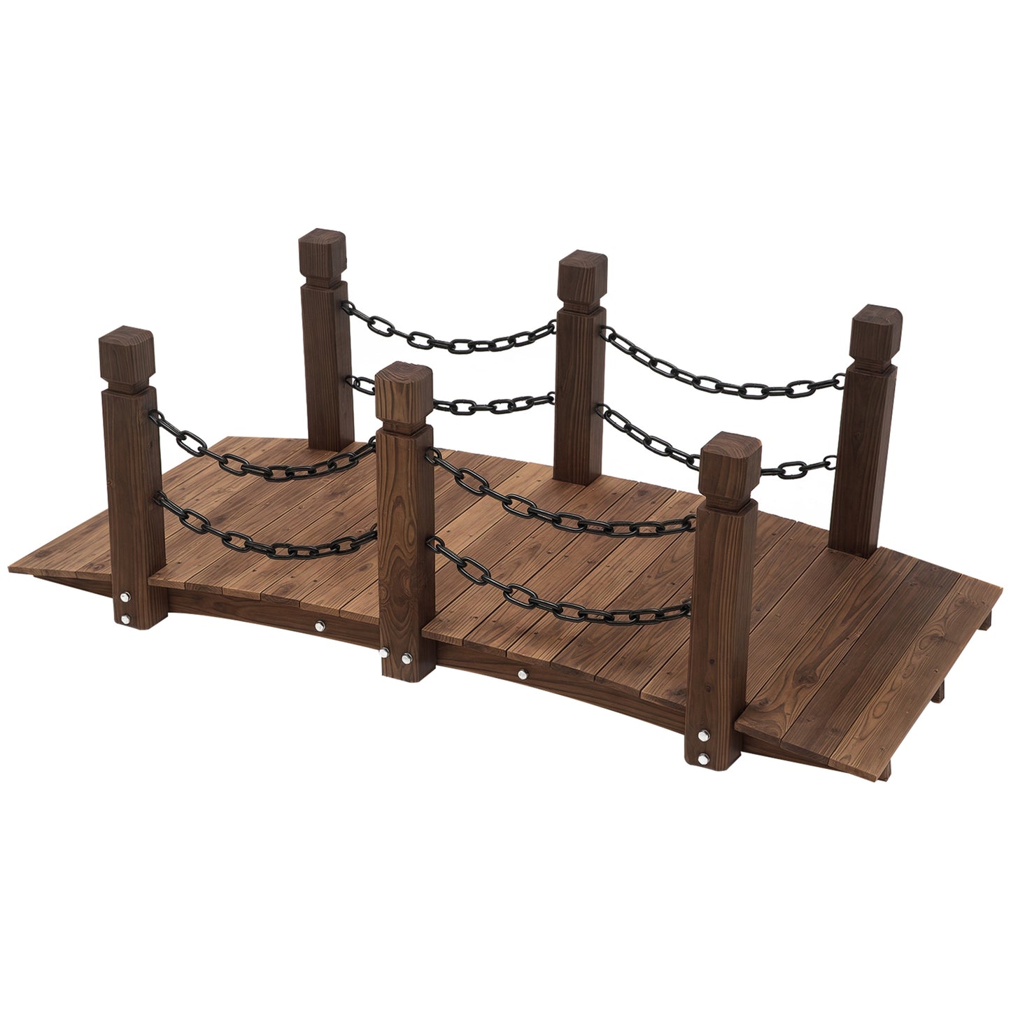 5 ft Wooden Garden Bridge with Metal Chain Railings - Solid Fir Construction