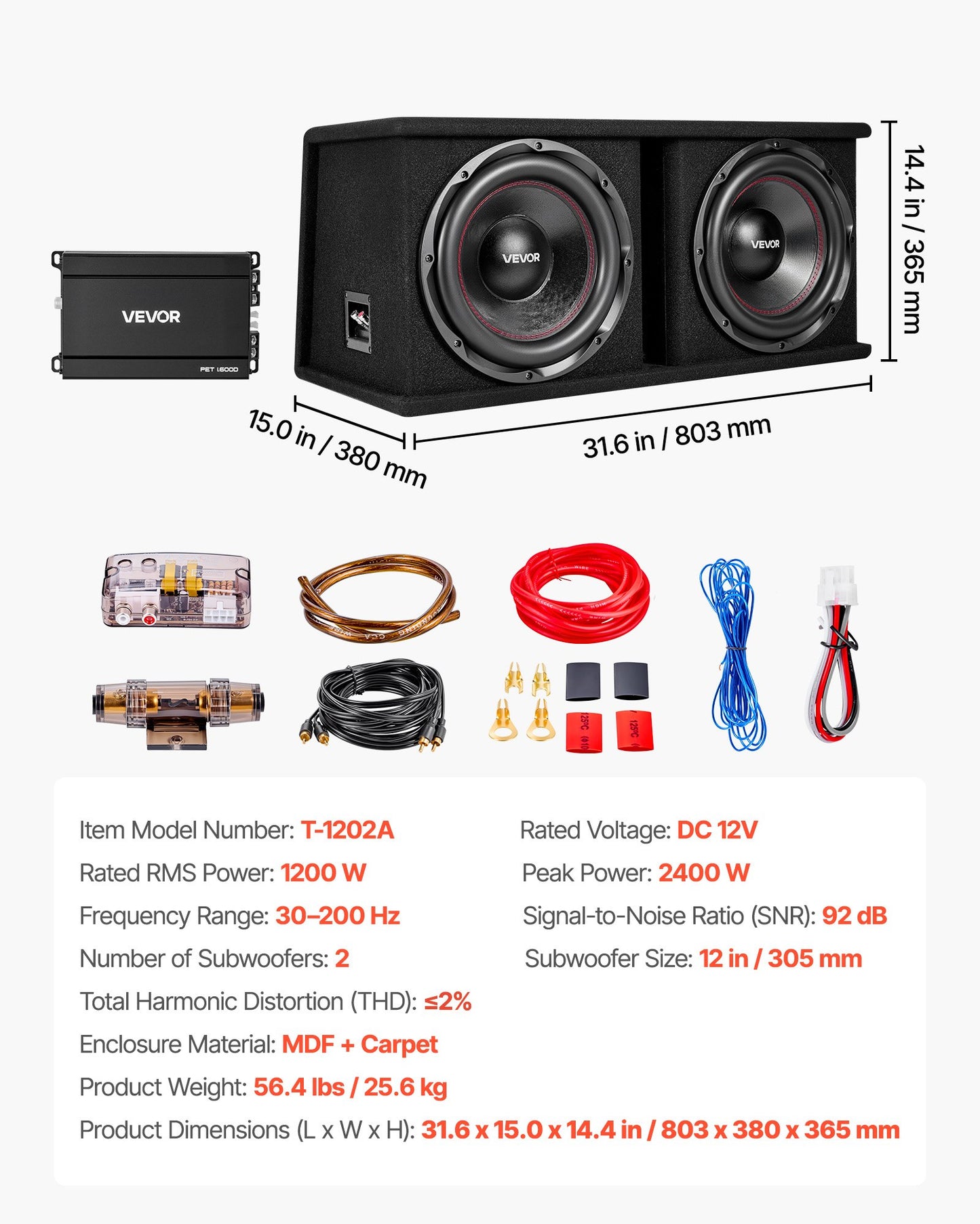 12-In Car Subwoofer Bass Package 1200W RMS with Amplifier & Enclosure