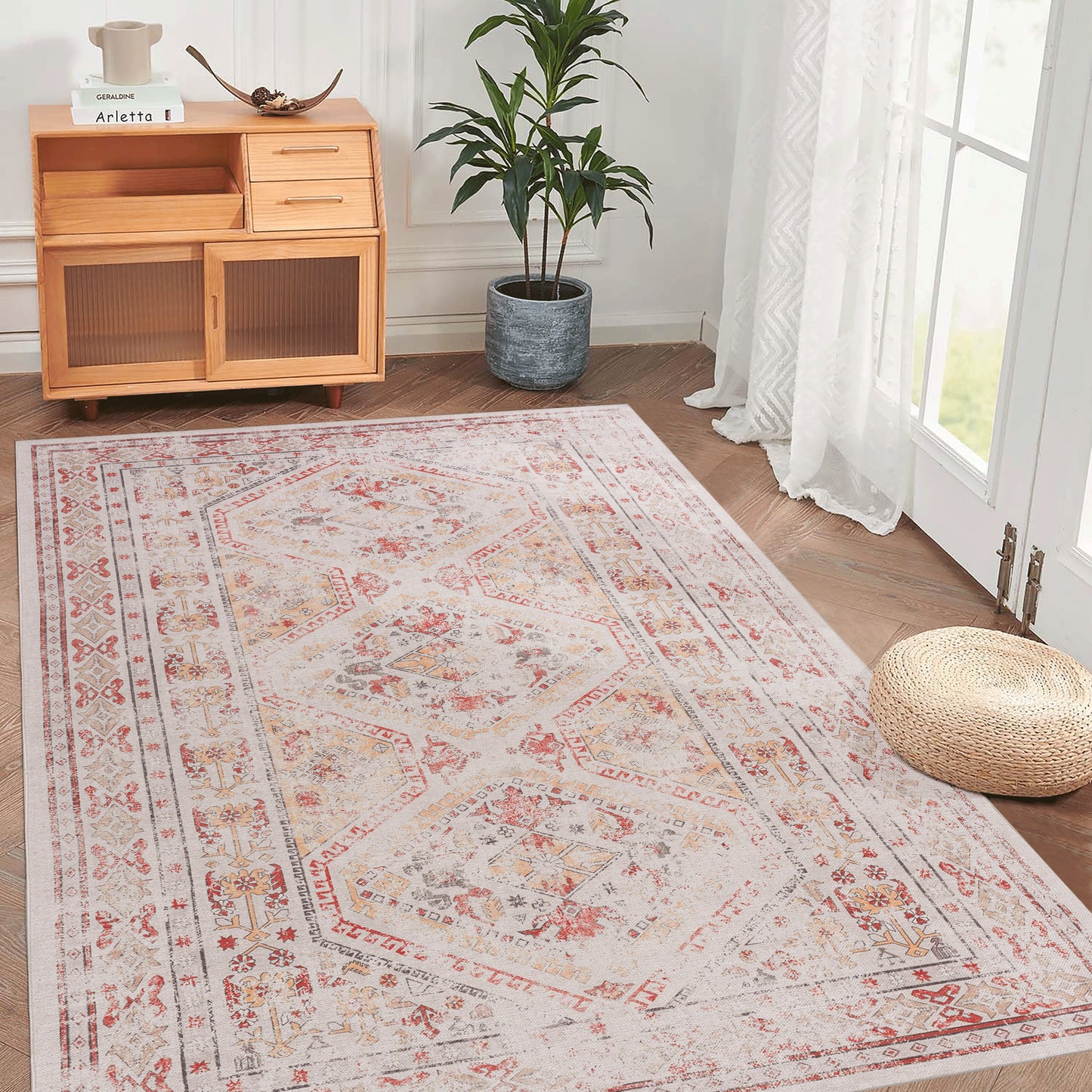 Beige 6x9 Washable Area Rug - Soft, Non-Slip, Stain Resistant