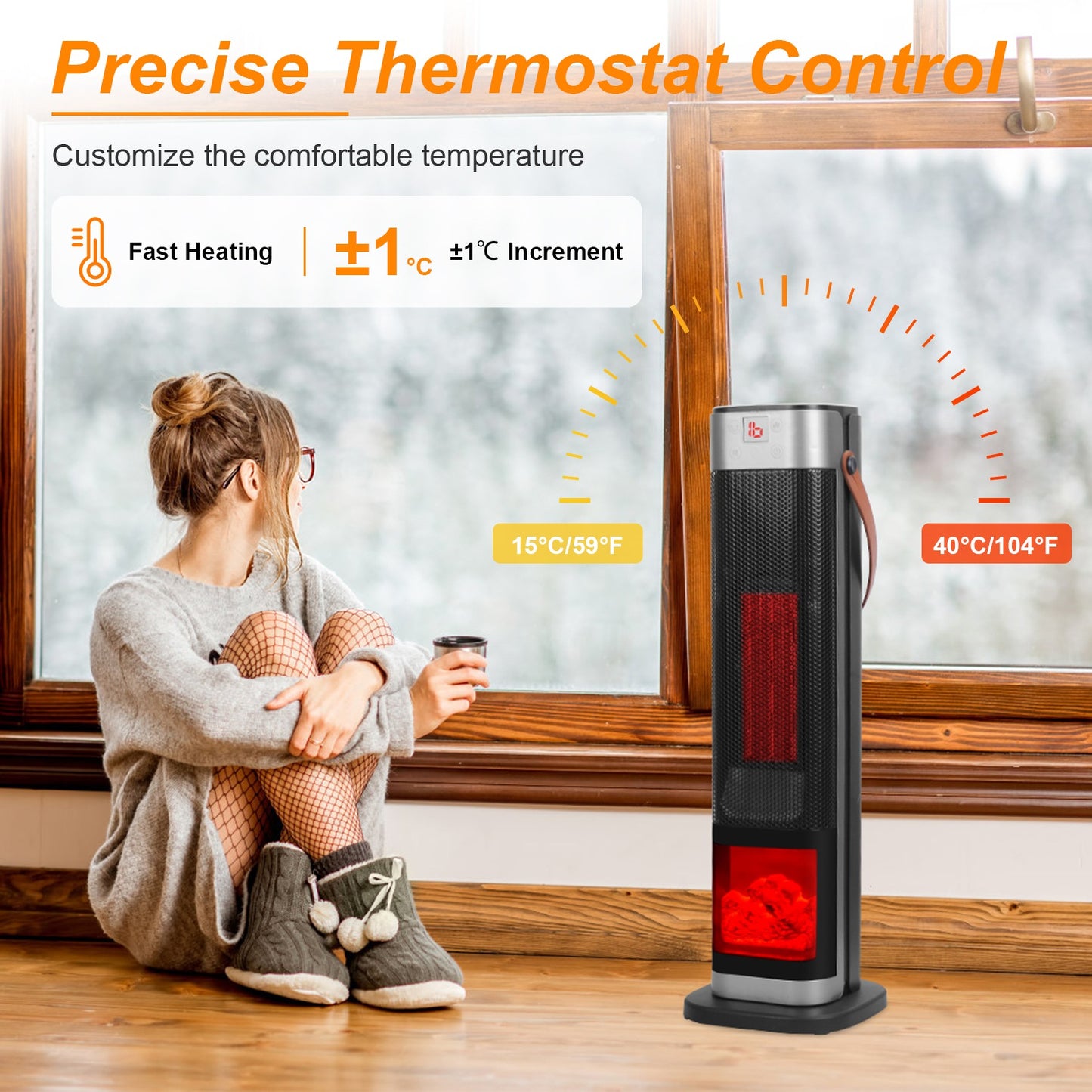 1500W Oscillating Space Heater with 3D Flame Effect, Remote, Timer, Black