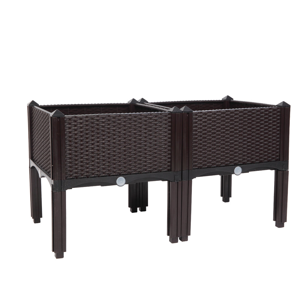 2PCS Brown Injection Molded Planting Box Garden Planter with Rattan Pattern