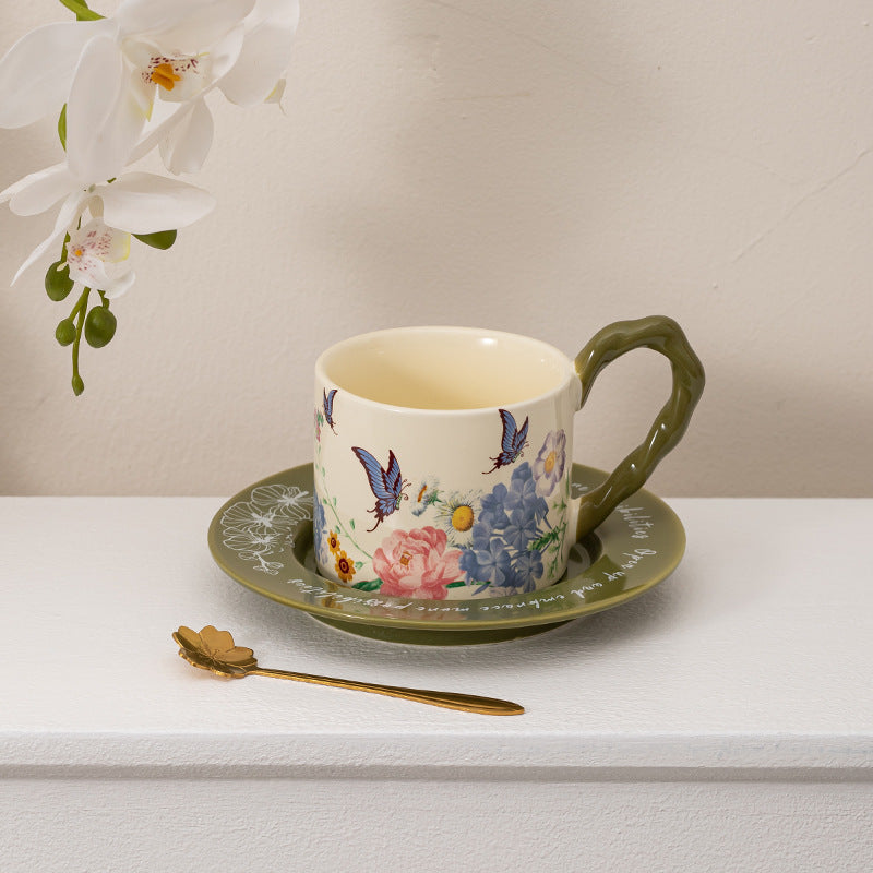 Ceramic Butterfly Coffee Cup and Saucer Gift Set - Vintage Kitchen Drinkware
