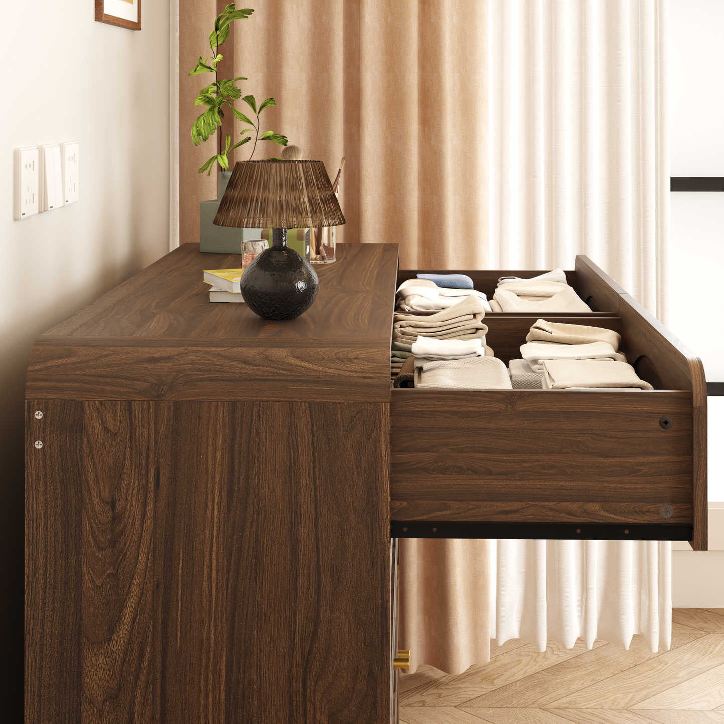 Walnut 8-Drawer Dresser with Rattan Front - Modern Storage Cabinet