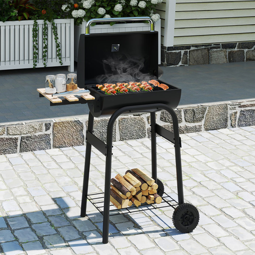 Charcoal Grill with Foldable Side Table and Thermostat - Black
