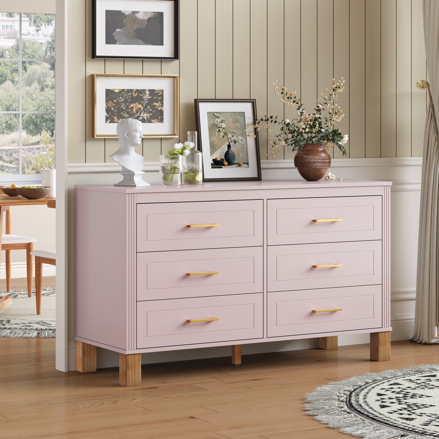 6-Drawer Double Dresser - Modern Storage Cabinet in Pink