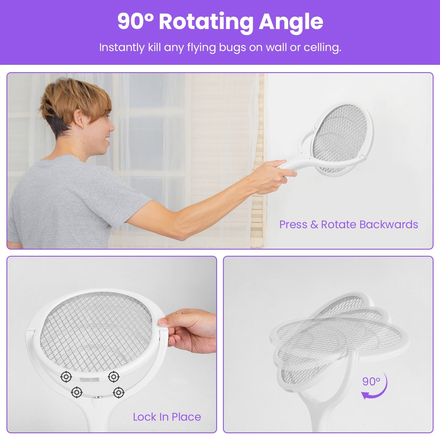 Electric Bug Zapper Racket with Rotating Head & Telescopic Extension - Indoor Outdoor Mosquito Swatter