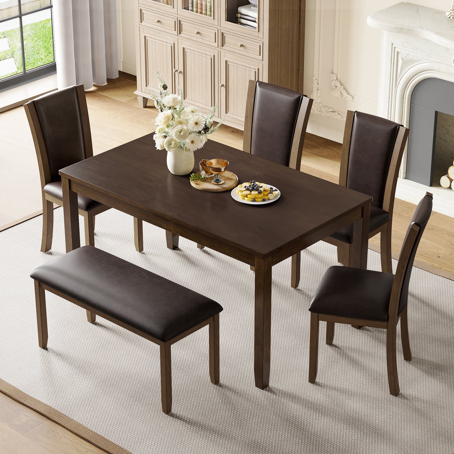 6-Piece Farmhouse Dining Table Set with Bench & Chairs - Dark Walnut
