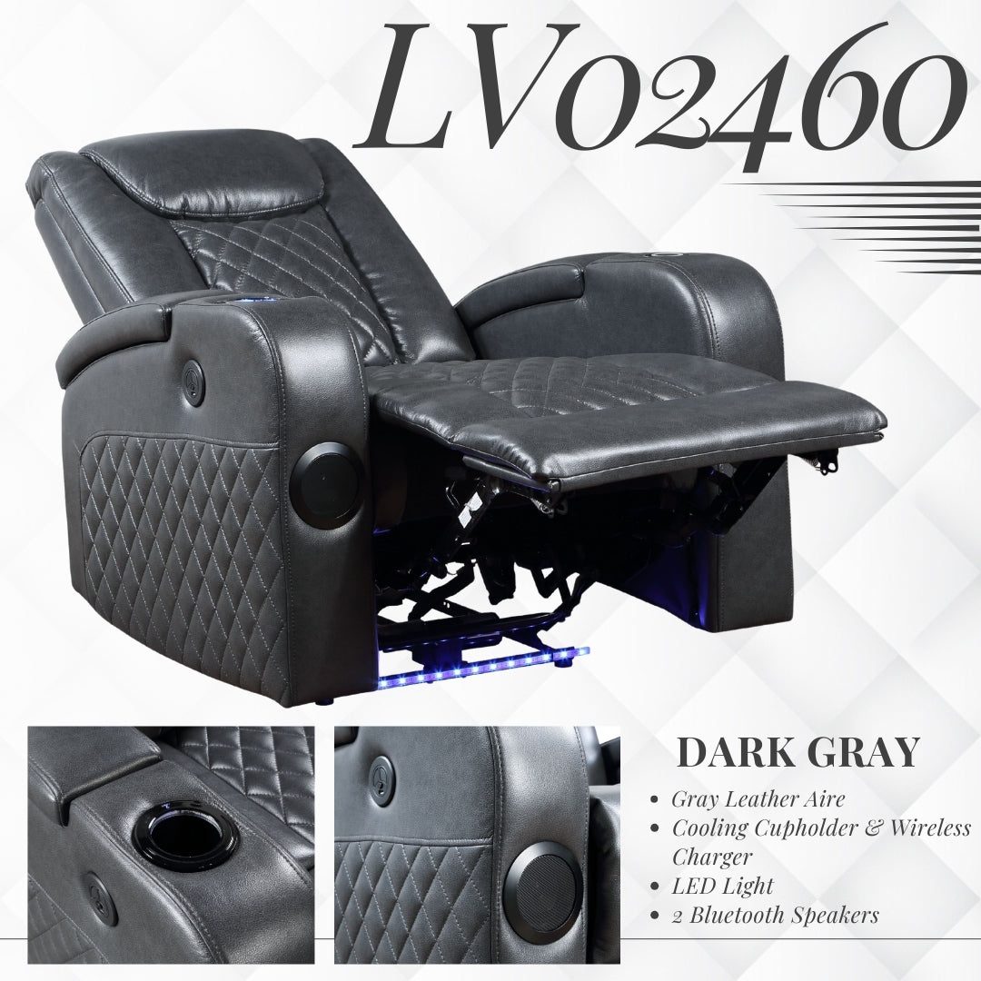 Dark Gray Leather Power Motion Recliner with Bluetooth & Charger