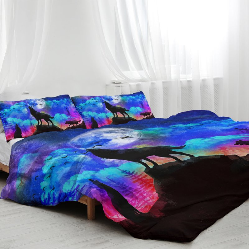 Galaxy Wolf Bedding Set with Duvet Cover and Pillow Shams - Soft Polyester