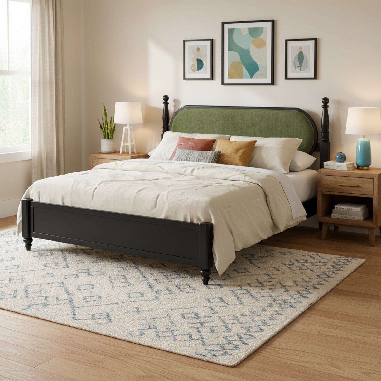Solid Wood King Bed Frame with Slats - Modern Black & Green