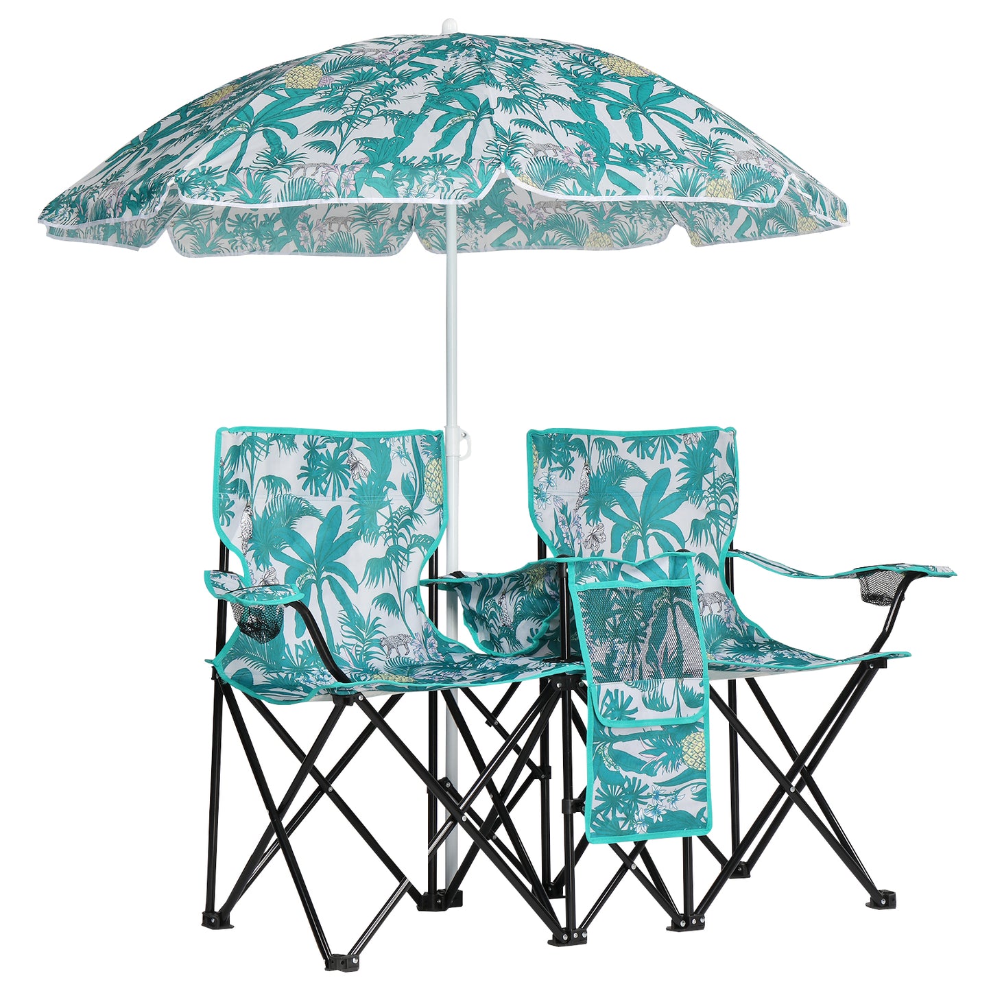 Folding Double Camping Chair with Removable Umbrella & Cup Holders