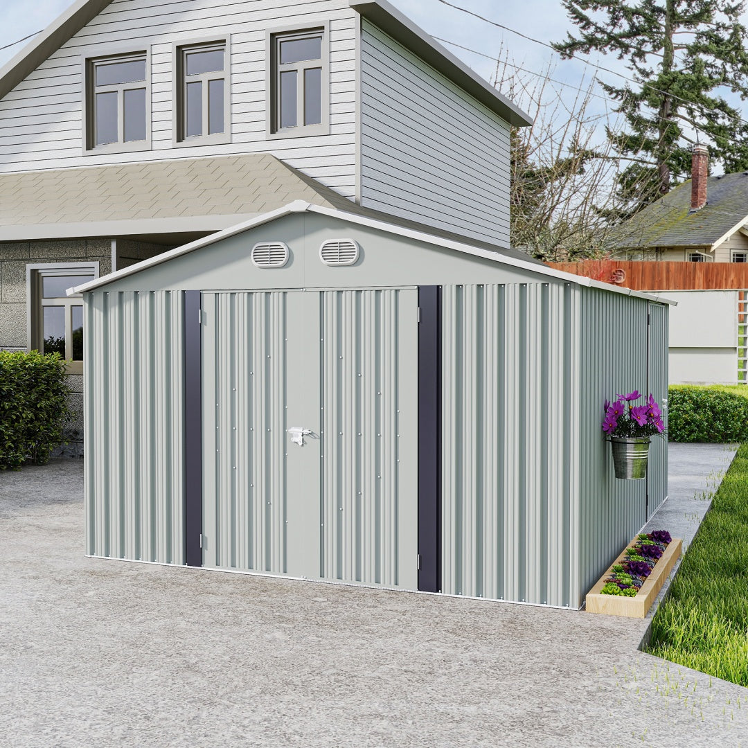 10x12 FT Outdoor Metal Storage Shed with Lockable Door - White