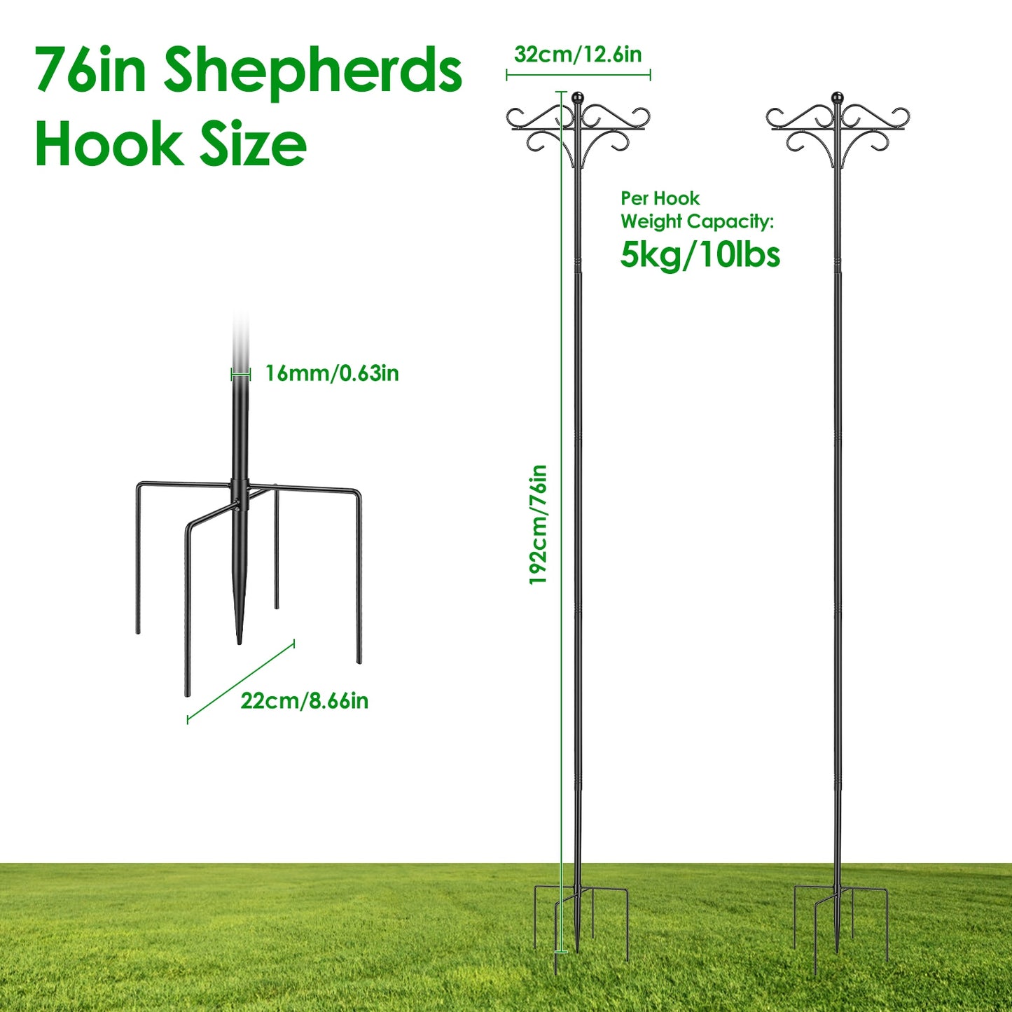 Heavy Duty Double Shepherds Hook Garden Pole - Adjustable Outdoor Bird & Plant Hook
