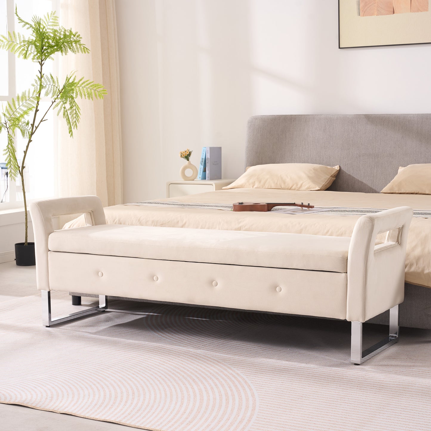 67.91" Wide Velvet Storage Bench with Armrests - Beige