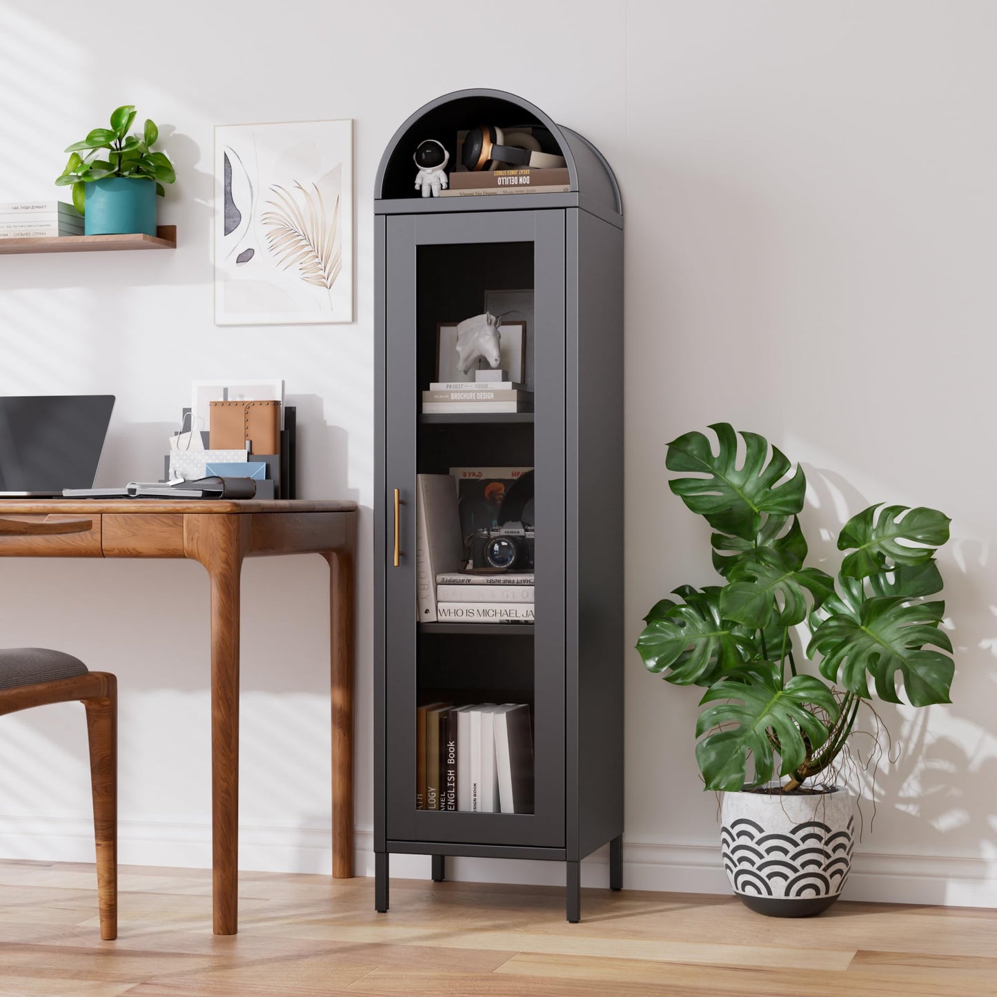 Metal Arched Bookcase Cabinet with Glass Doors - Black