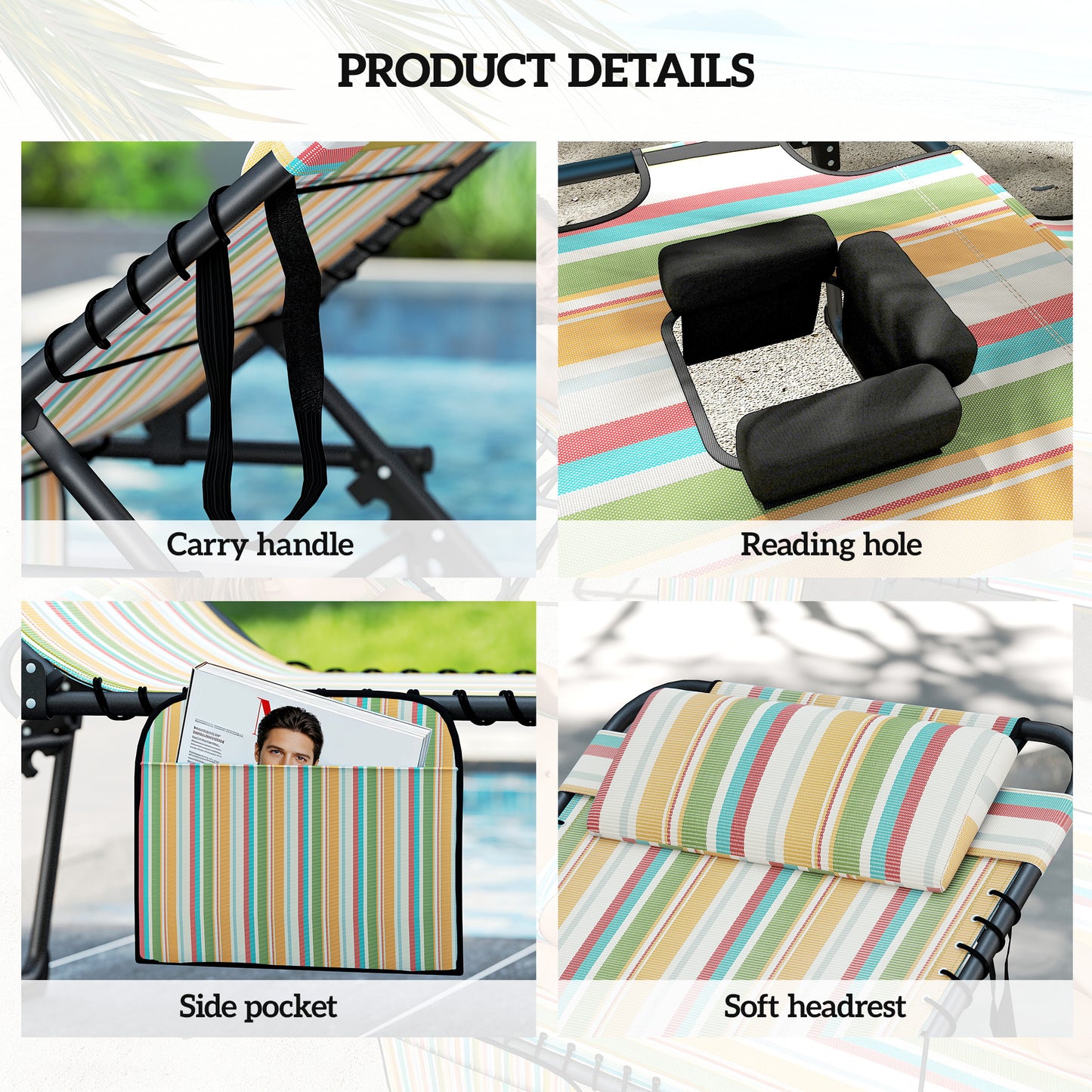 2-Piece Folding Chaise Lounge Chairs with 5-Position Recline - Rainbow Striped