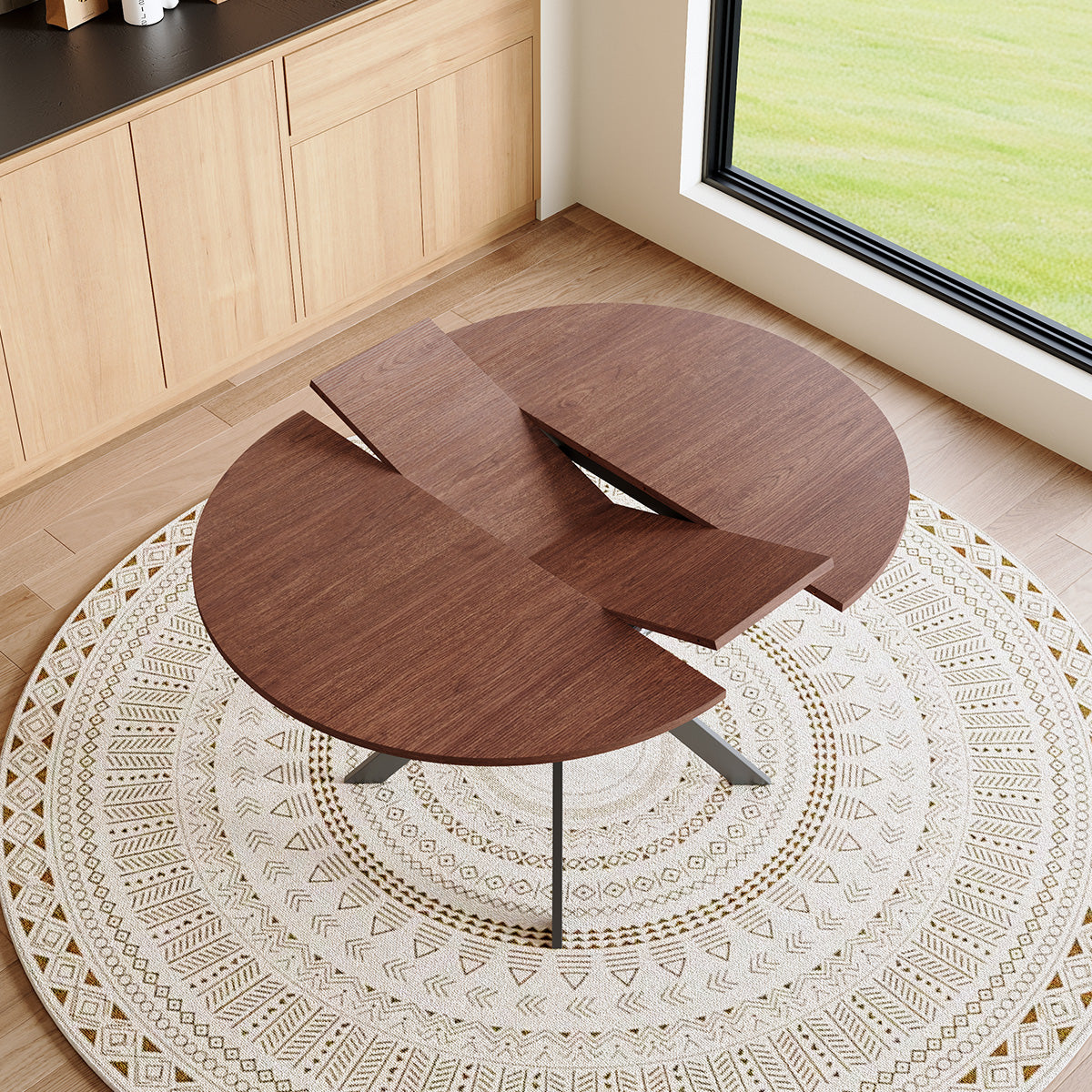 Extendable Round Dining Table - Space-Saving Walnut Table for 4-6
