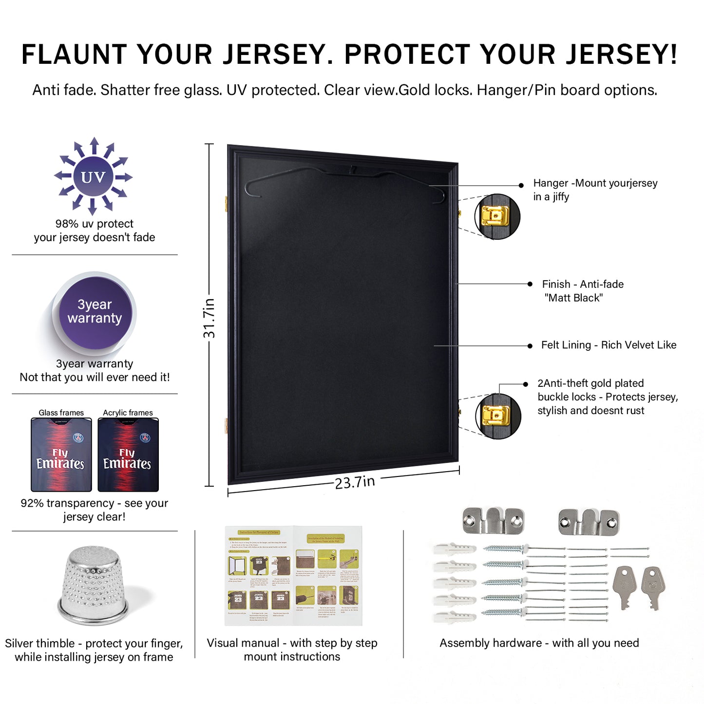 Jersey Display Case 24 x 32in - Wall Mounted Shirt Frame with UV Protection