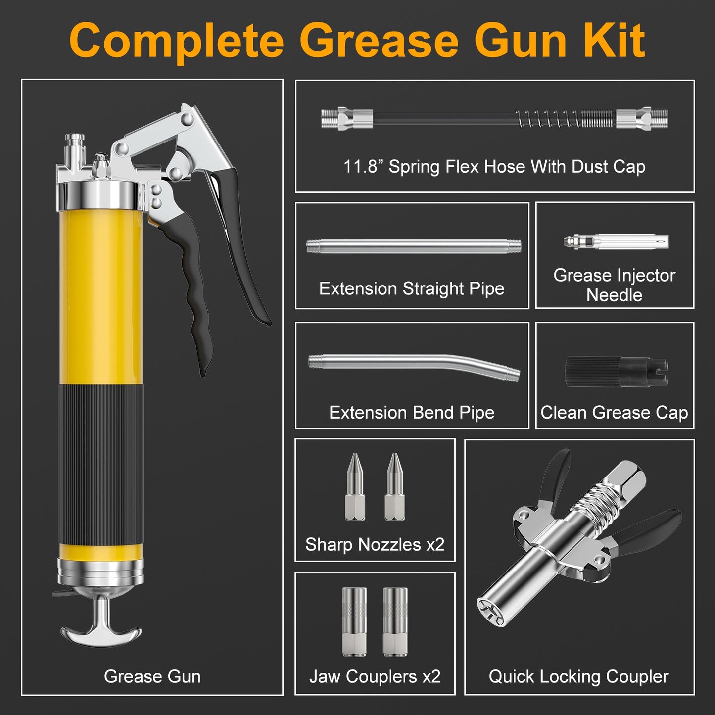 High Pressure Grease Gun Kit 7000 PSI with Flex Hose & Nozzles - 14oz