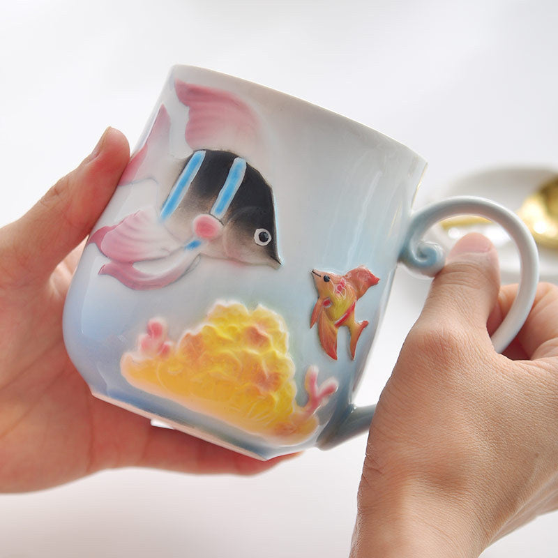 Cute Fish Enamel Porcelain Mug with Lid and Spoon - 350ml