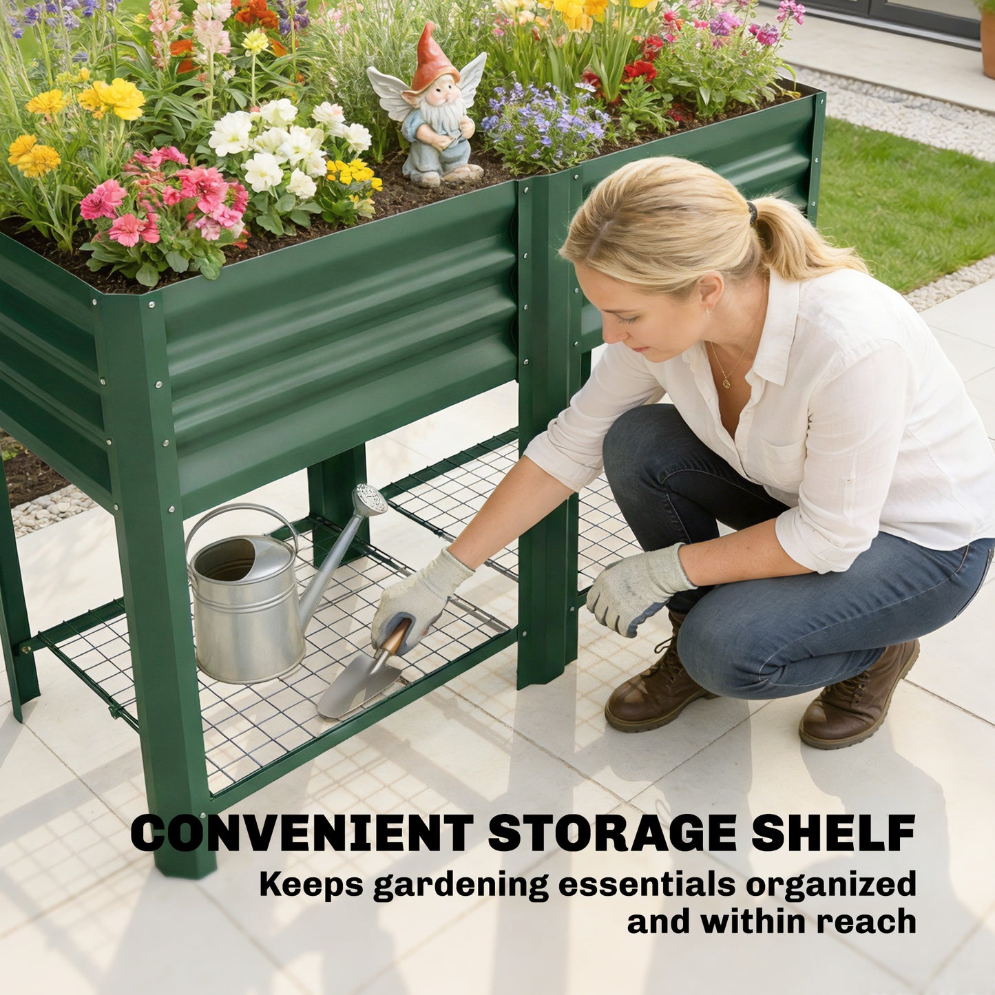 Raised Garden Bed with Storage Shelf - Galvanized Steel, 31.5 Inch Green