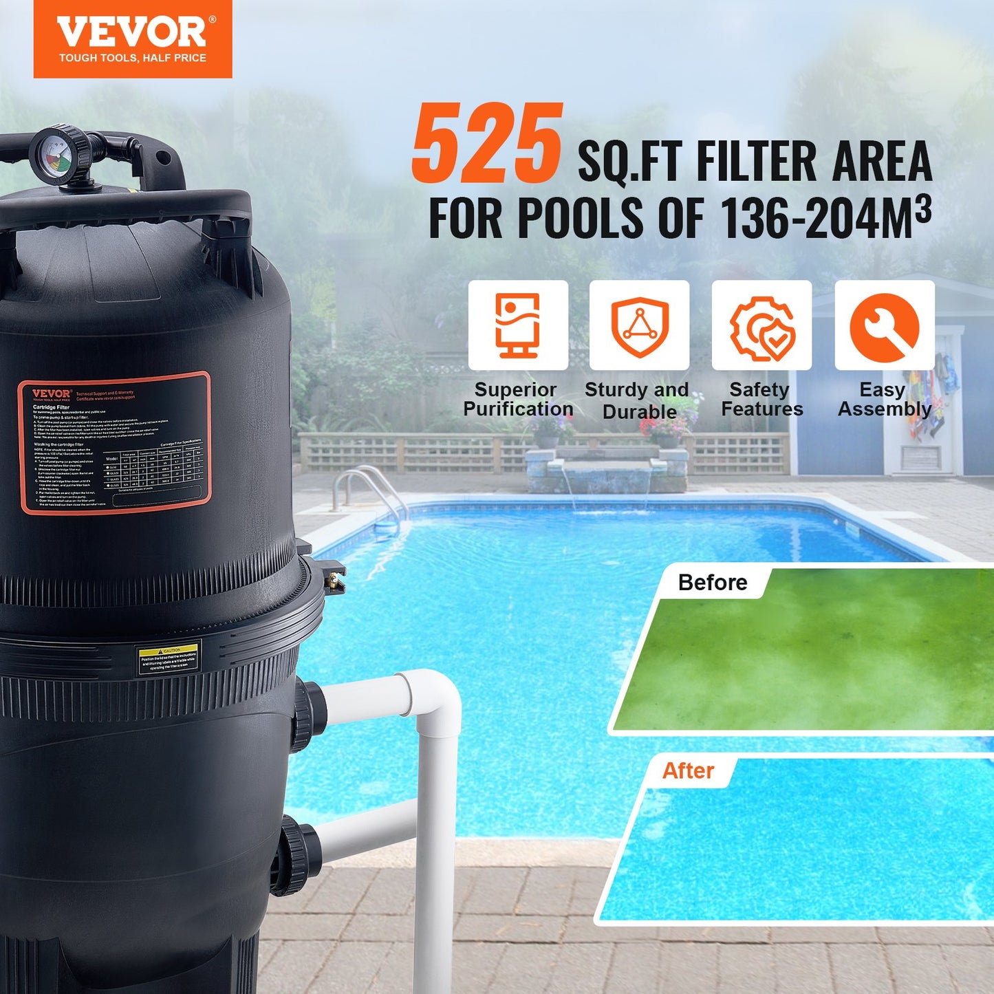 Inground & Above Ground Pool Cartridge Filter 525 Sq. Ft Leak-Proof System with Upgrade Filter