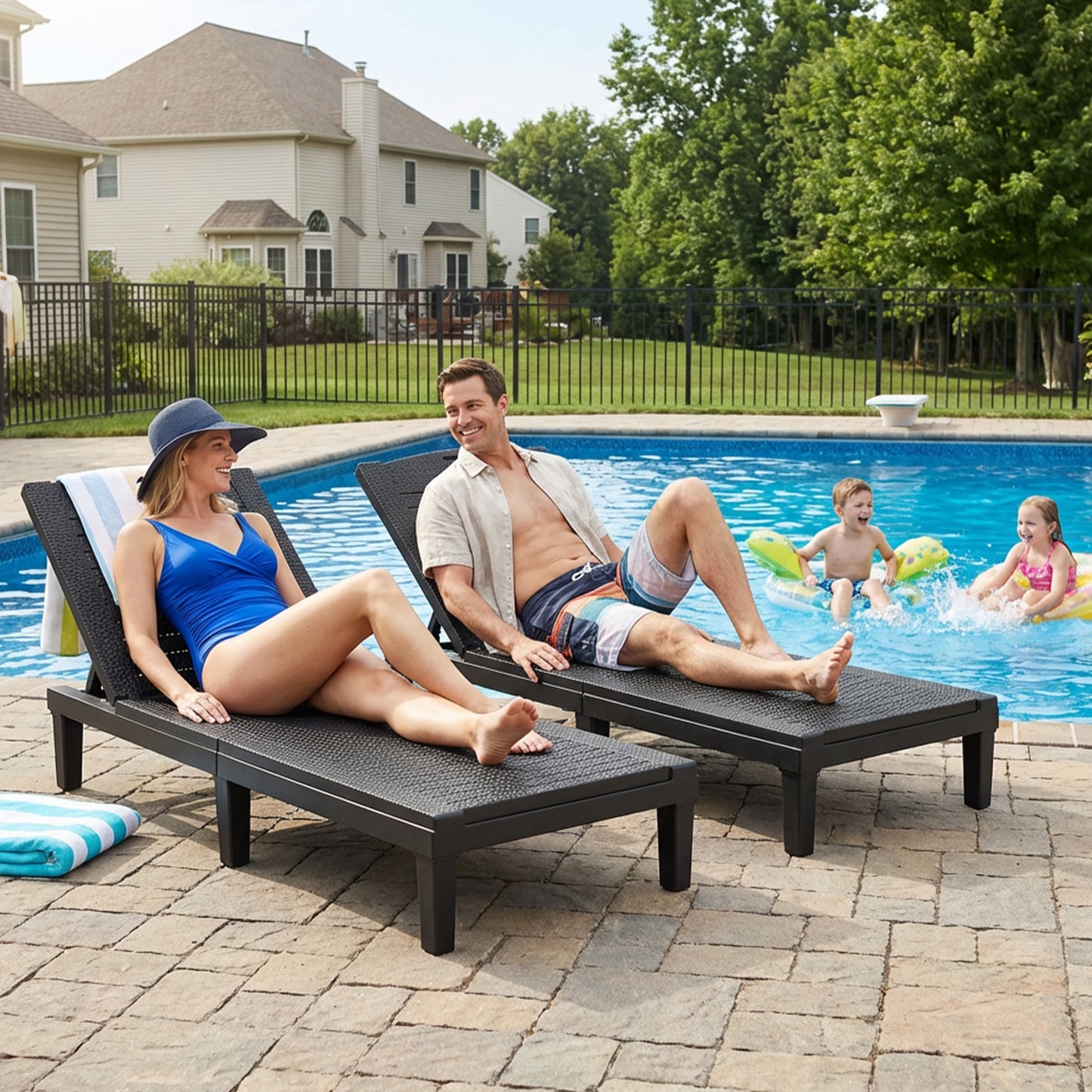 2PCS Adjustable Outdoor Lounge Chair - 5 Position Recliner, Black