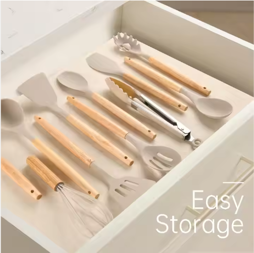 12-Piece Non-Stick Silicone Kitchen Utensil Set - Khaki