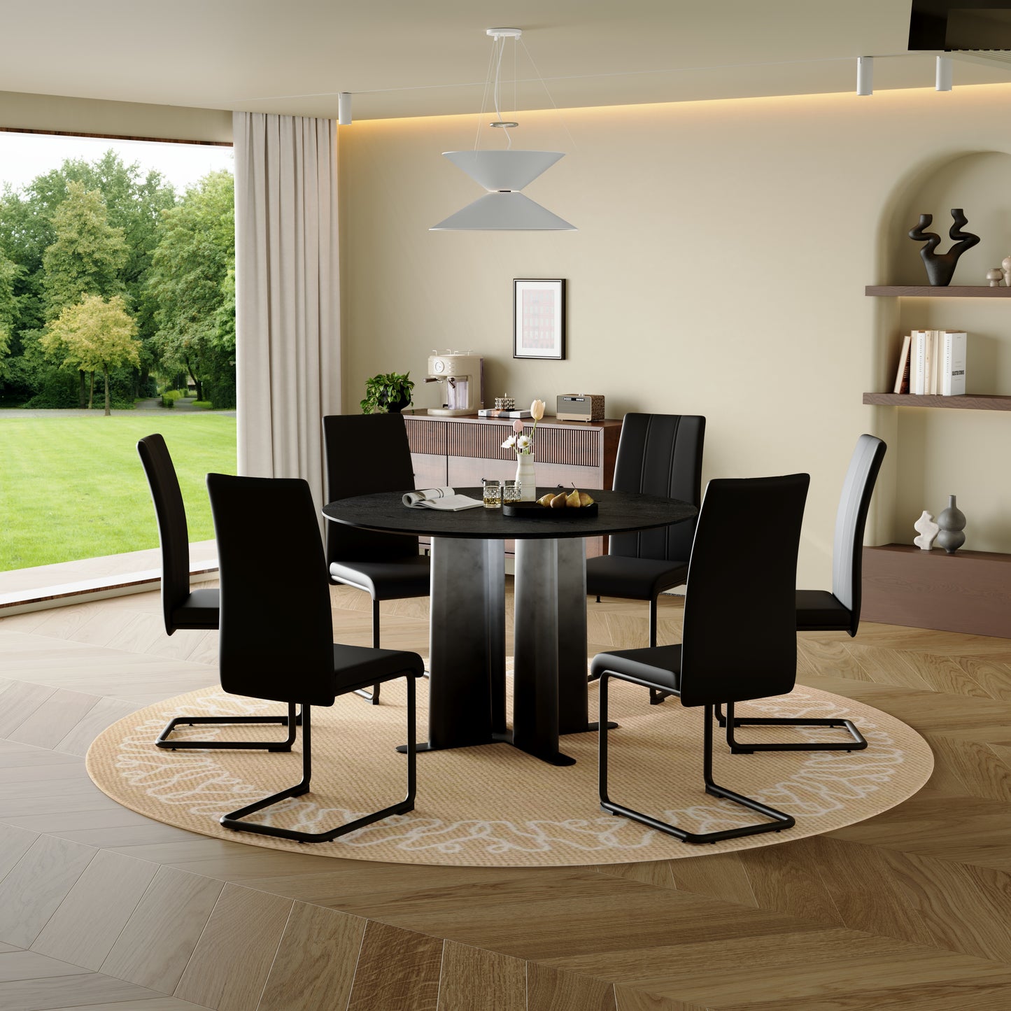 Round Black Wood Grain MDF Dining Table, & White Gradient Legs With