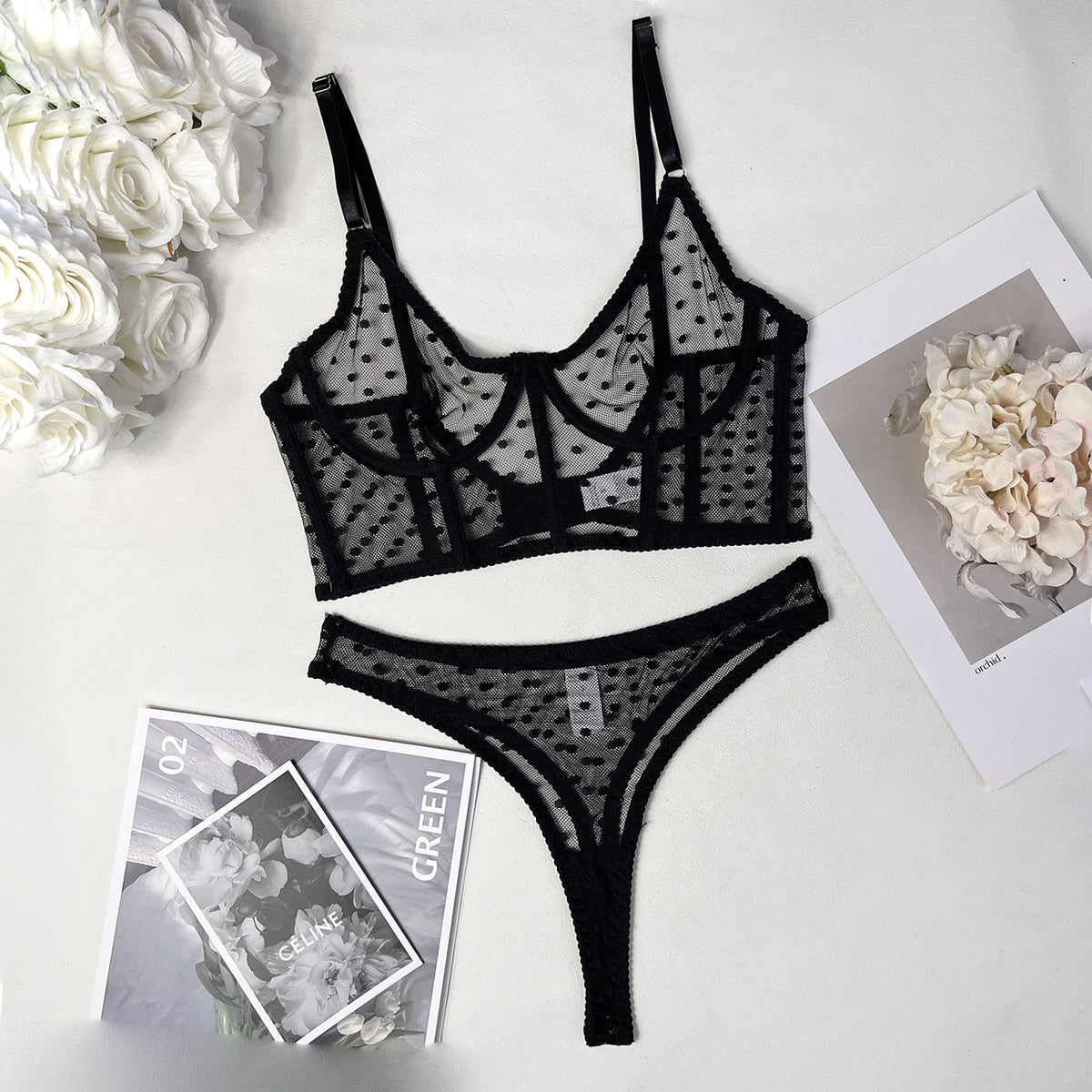 See-Through Fishbone Underwear Set for Women Polka Dot Styles