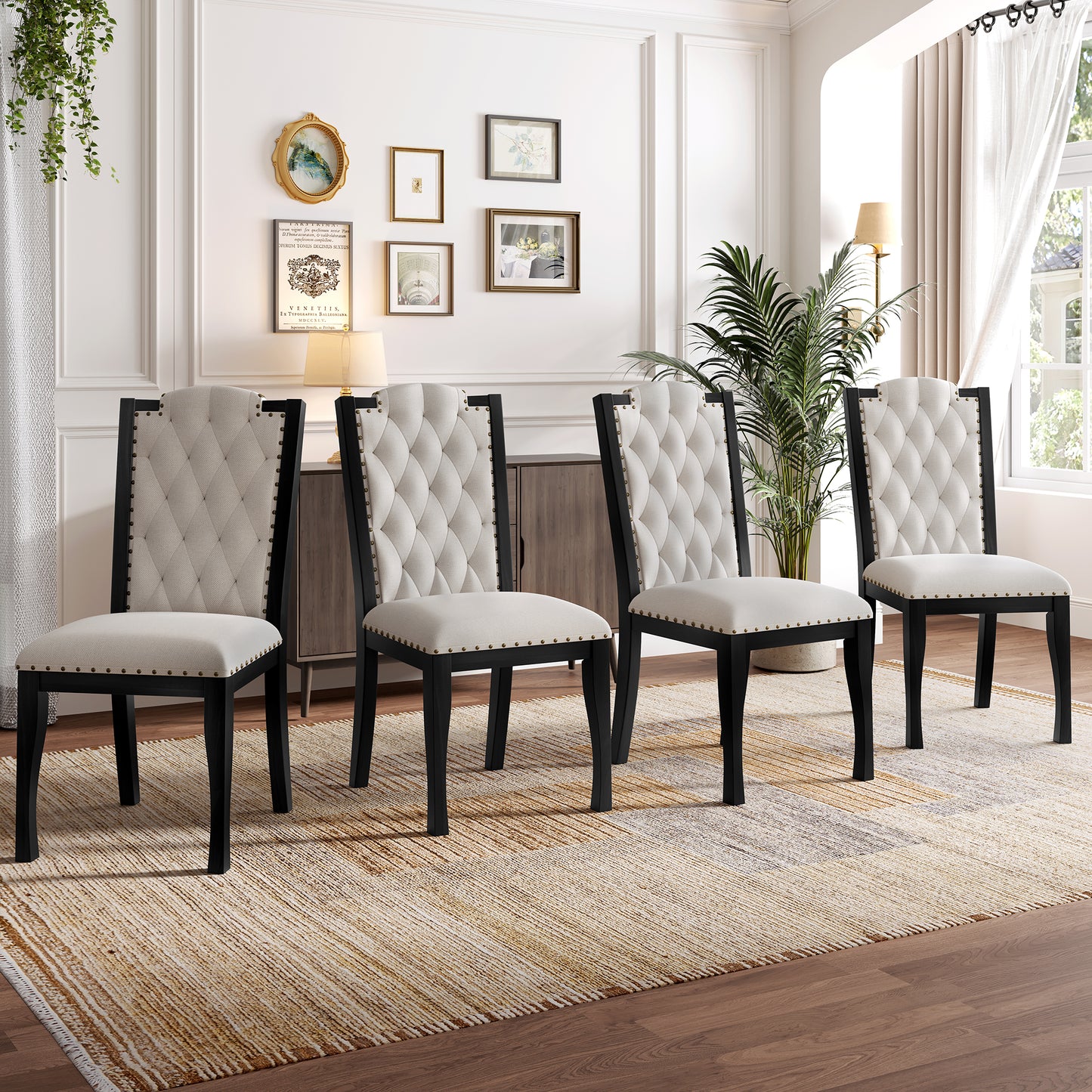 Upholstered Dining Chairs Set Of 4, High Back Diamond Button Tufted