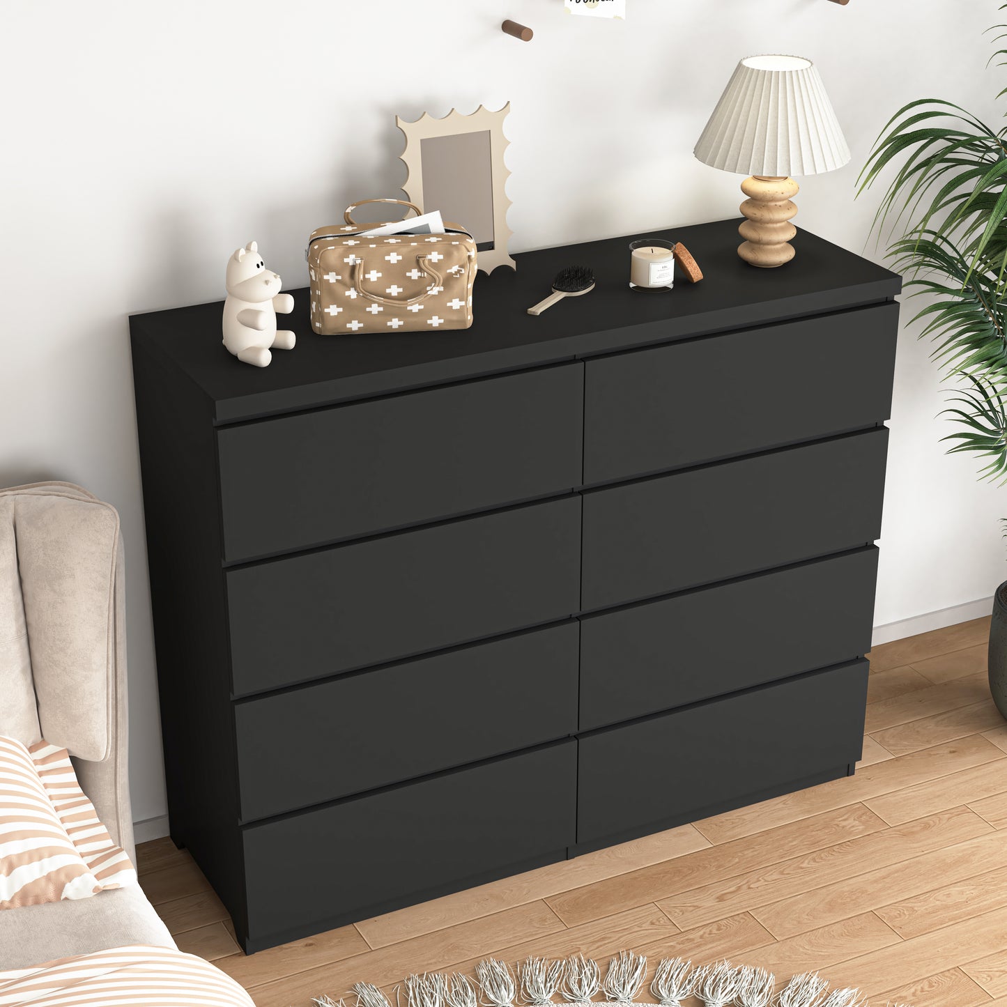 8-Drawer Black Dresser - Modern Wood Chest for Bedroom